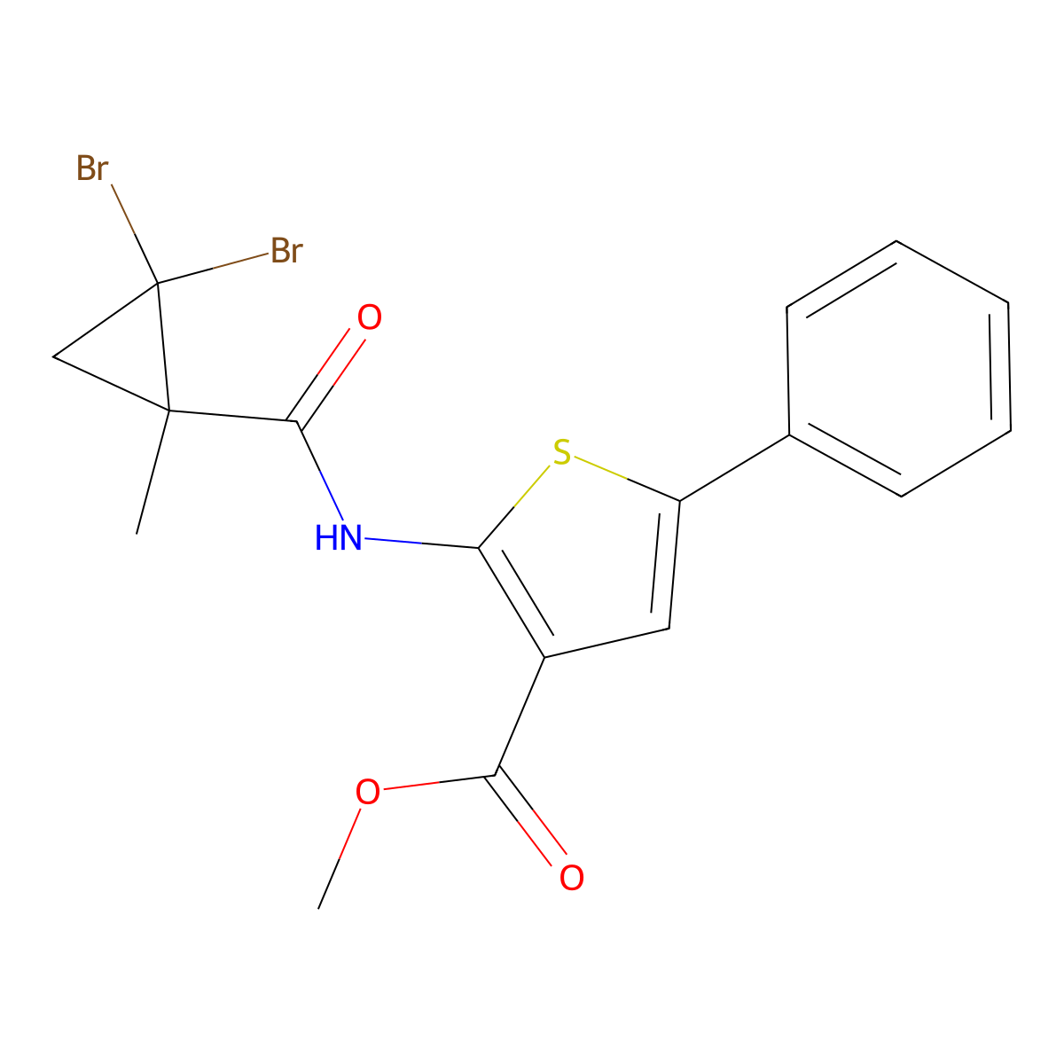 Methyl 2-[(2,2-dibromo-1-methylcyclopropanecarbonyl)amino]-5-phenylthiophene-3-carboxylate molecular structure, CAS 445017-28-7