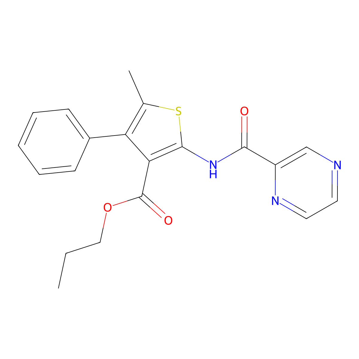 Propyl 5-methyl-4-phenyl-2-[(2-pyrazinylcarbonyl)amino]-3-thiophenecarboxylate molecular structure, CAS 445017-31-2