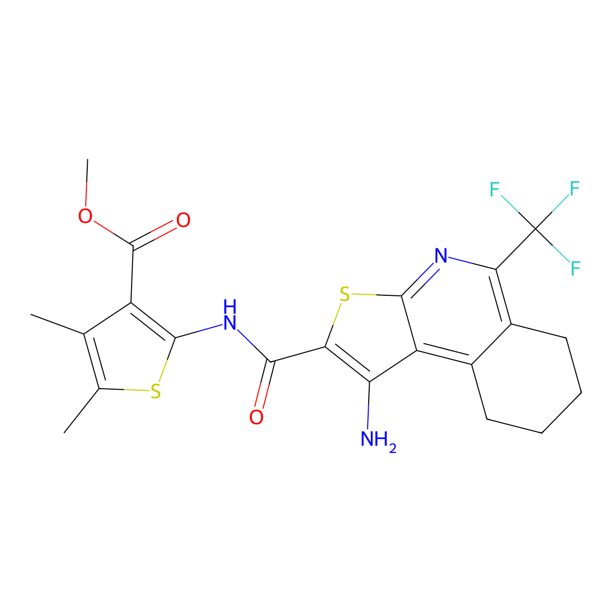Methyl 2-({[1-amino-5-(trifluoromethyl)-6,7,8,9-tetrahydrothieno[2,3-C]isoquinolin-2-YL]carbonyl}amino)-4,5-dimethyl-3-thiophenecarboxylate molecular structure, CAS 445017-55-0