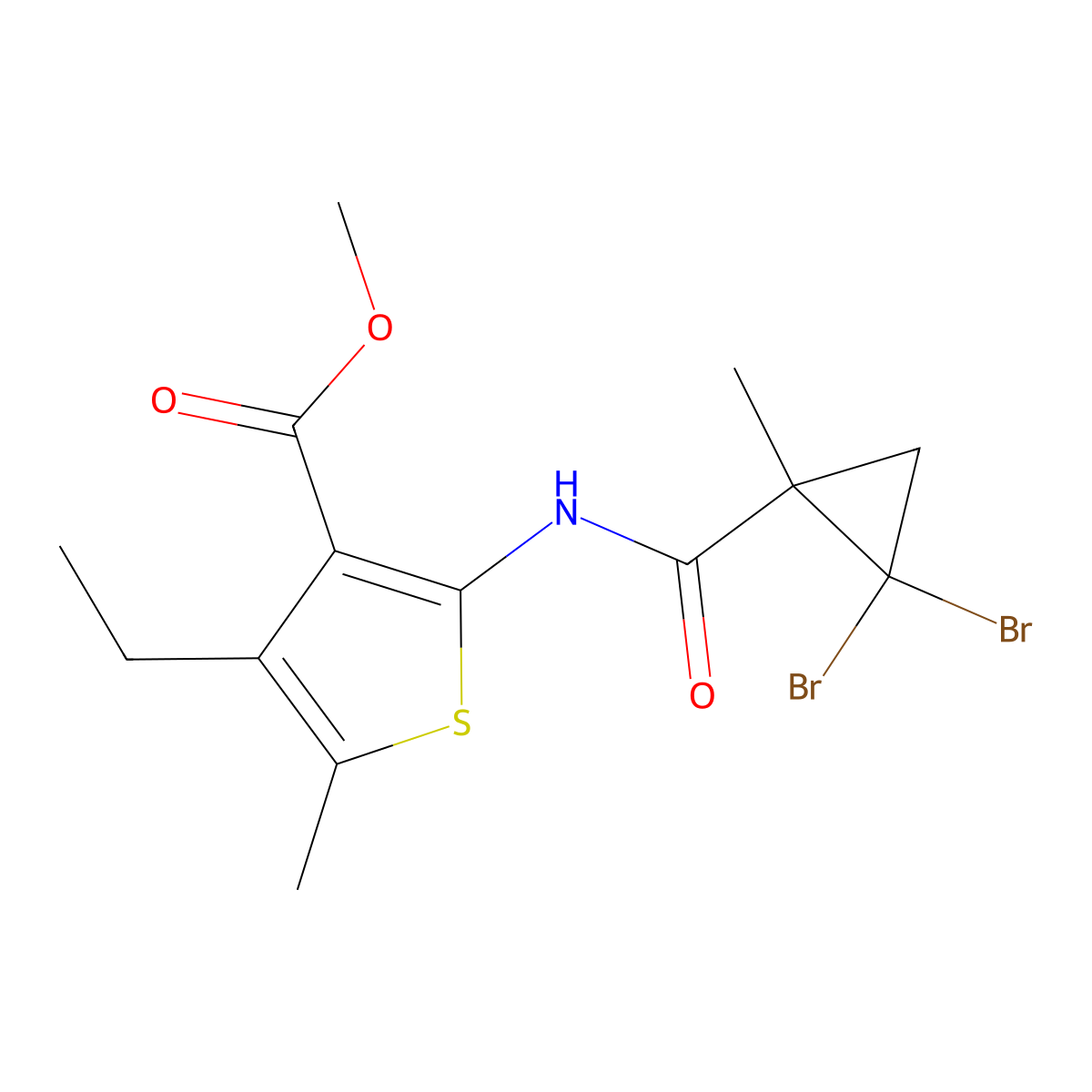 Methyl 2-{[(2,2-dibromo-1-methylcyclopropyl)carbonyl]amino}-4-ethyl-5-methylthiophene-3-carboxylate molecular structure, CAS 445017-72-1