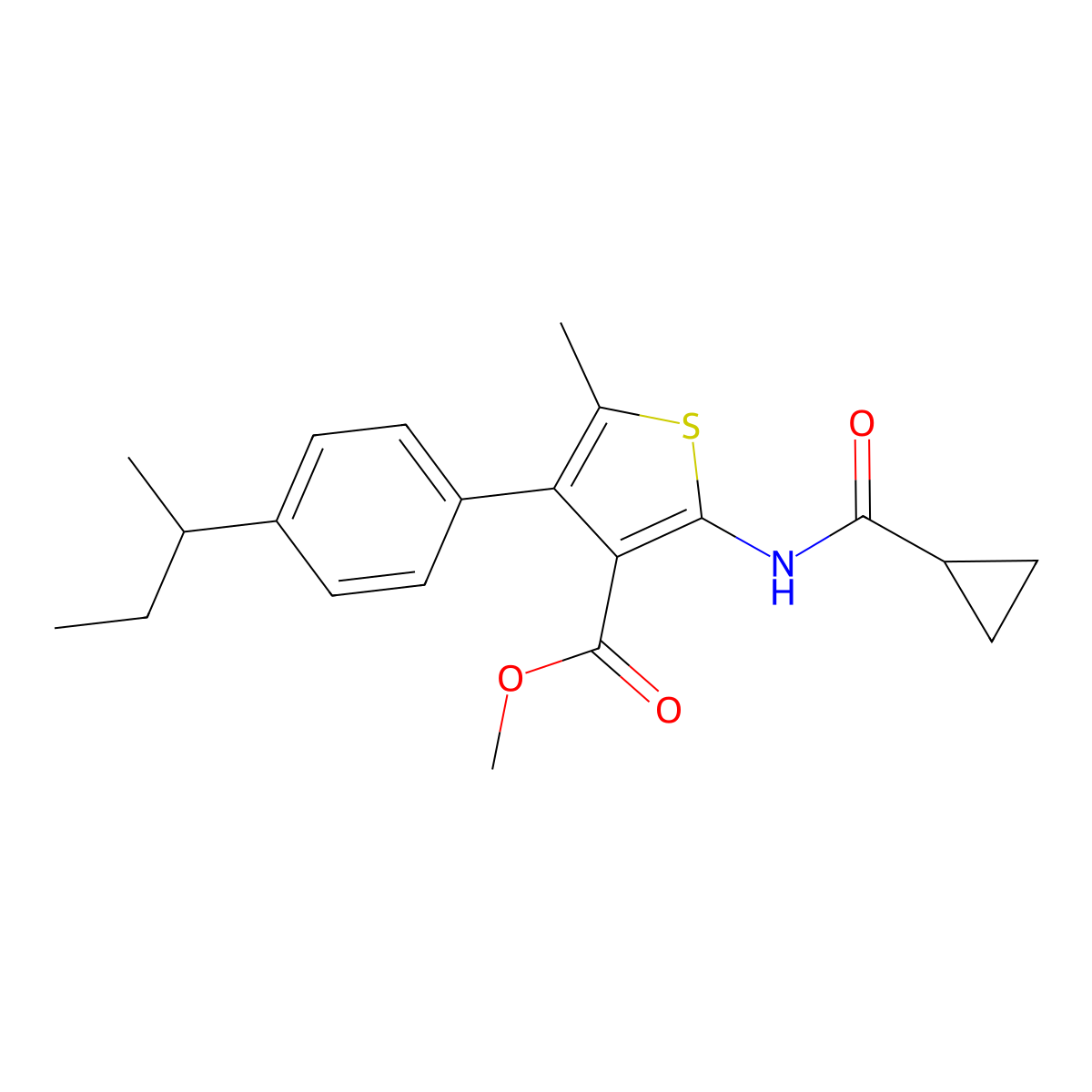 Methyl 4-(4-sec-butylphenyl)-2-[(cyclopropylcarbonyl)amino]-5-methyl-3-thiophenecarboxylate molecular structure, CAS 445017-85-6