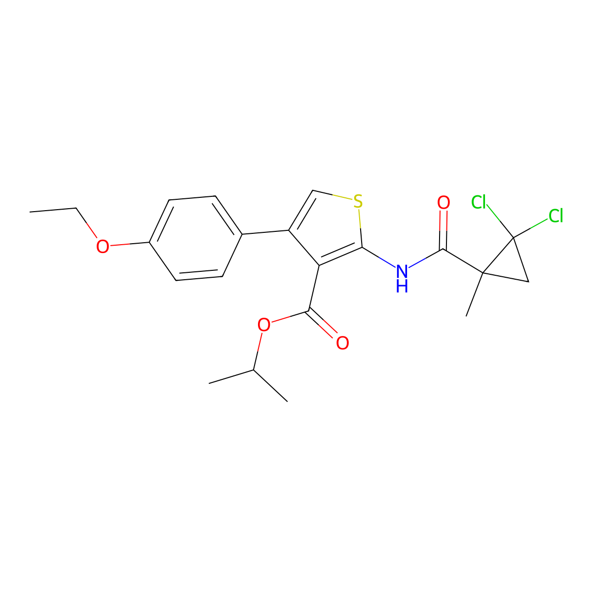 Isopropyl 2-{[(2,2-dichloro-1-methylcyclopropyl)carbonyl]amino}-4-(4-ethoxyphenyl)-3-thiophenecarboxylate molecular structure, CAS 445017-90-3