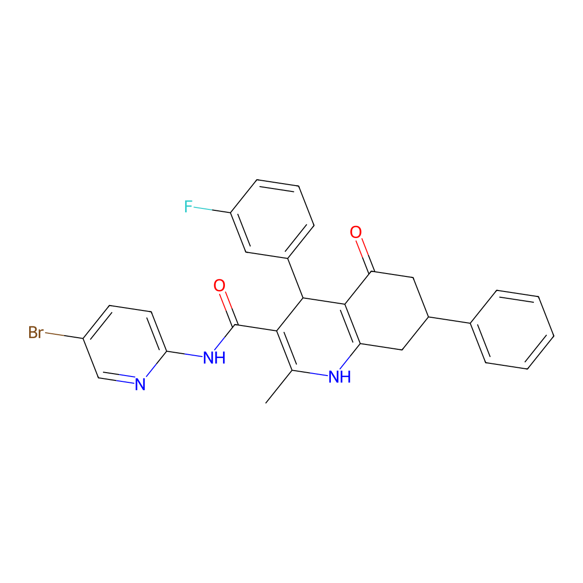N-(5-bromopyridin-2-yl)-4-(3-fluorophenyl)-2-methyl-5-oxo-7-phenyl-4,6,7,8-tetrahydro-1H-quinoline-3-carboxamide molecular structure, CAS 445017-93-6