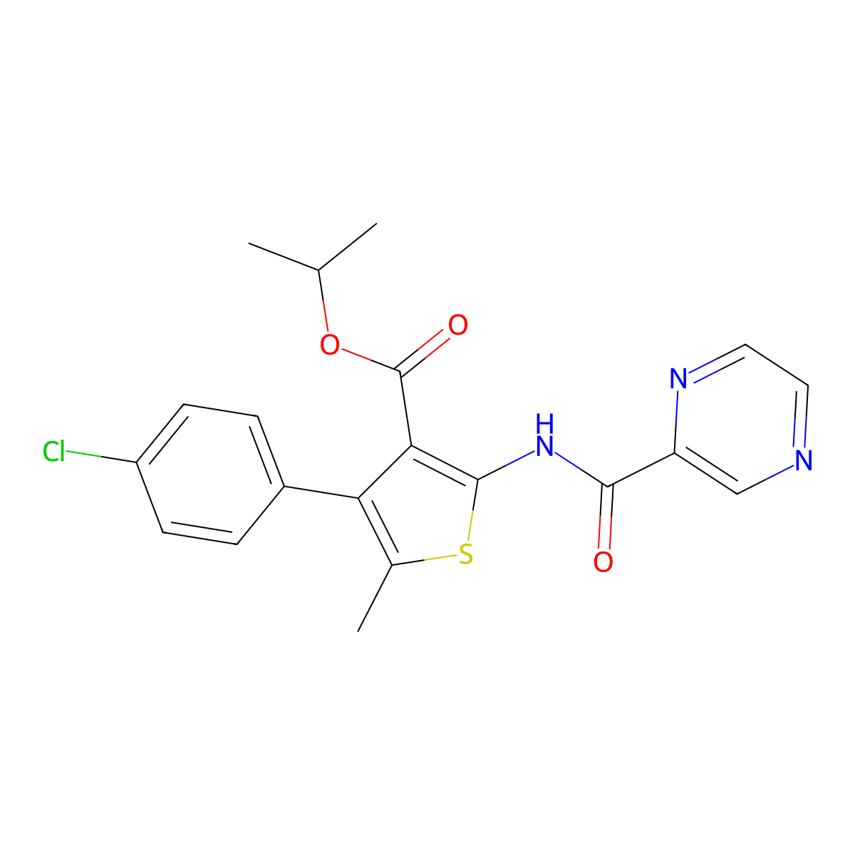 Propan-2-yl 4-(4-chlorophenyl)-5-methyl-2-[(pyrazin-2-ylcarbonyl)amino]thiophene-3-carboxylate molecular structure, CAS 445017-96-9