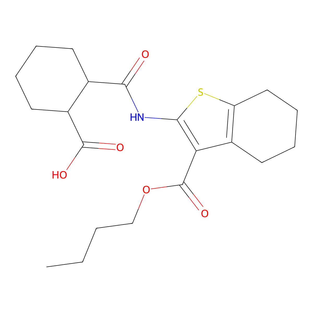 2-[(3-Butoxycarbonyl-4,5,6,7-tetrahydro-1-benzothiophen-2-yl)carbamoyl]cyclohexane-1-carboxylic acid molecular structure, CAS 445018-02-0