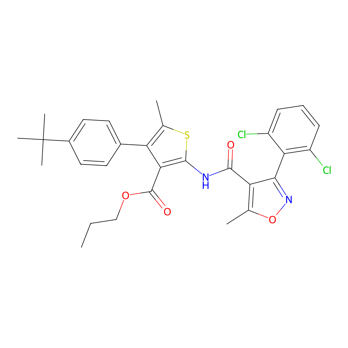 Propyl 4-(4-tert-butylphenyl)-2-({[3-(2,6-dichlorophenyl)-5-methylisoxazol-4-yl]carbonyl}amino)-5-methylthiophene-3-carboxylate molecular structure, CAS 445018-16-6