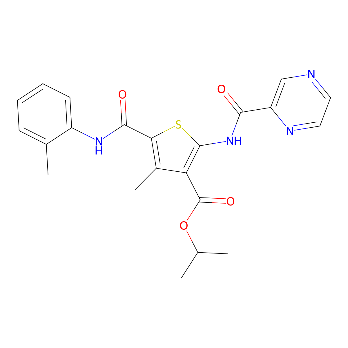 Propan-2-yl 4-methyl-5-[(2-methylphenyl)carbamoyl]-2-(pyrazine-2-carbonylamino)thiophene-3-carboxylate molecular structure, CAS 445018-21-3