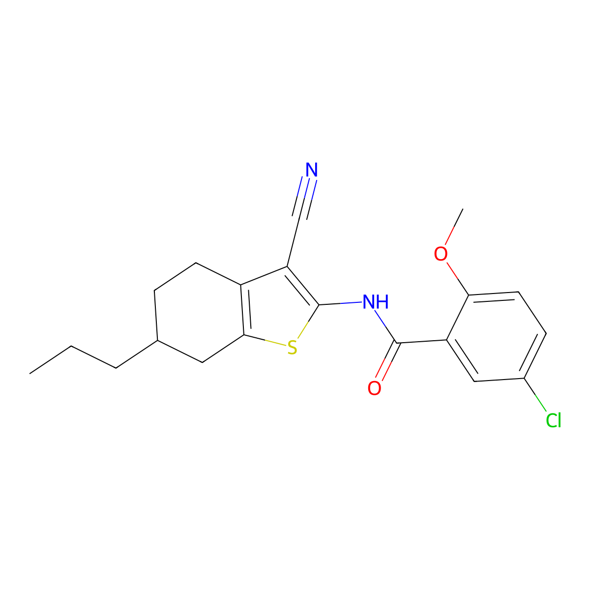 5-chloro-N-(3-cyano-6-propyl-4,5,6,7-tetrahydro-1-benzothiophen-2-yl)-2-methoxybenzamide molecular structure, CAS 445018-22-4