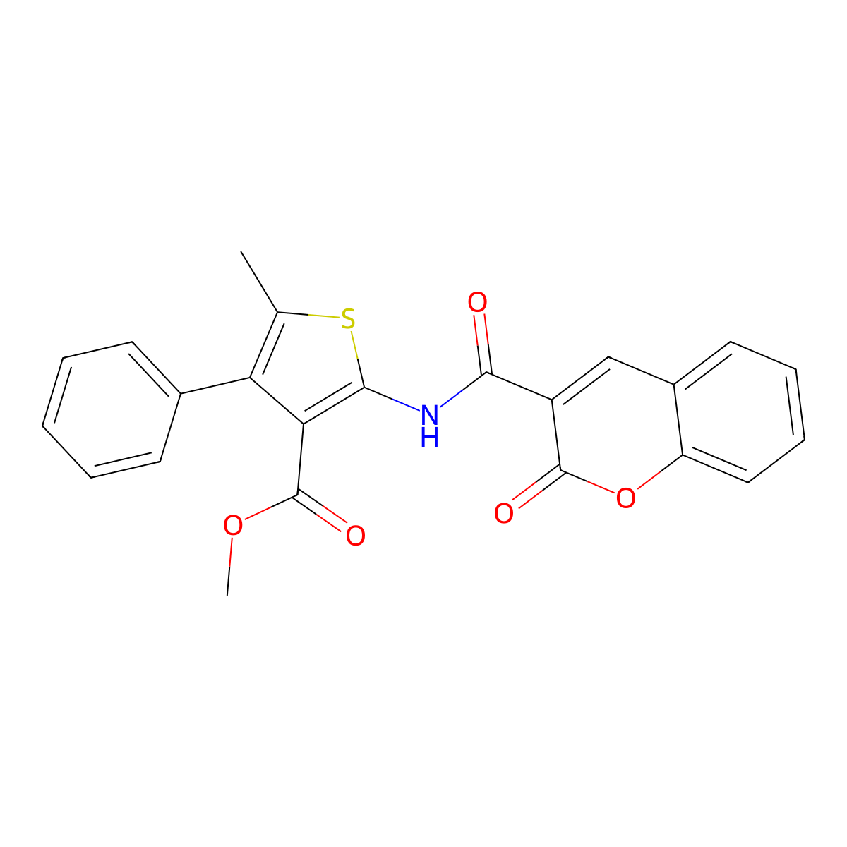 methyl 5-methyl-2-{[(2-oxo-2H-chromen-3-yl)carbonyl]amino}-4-phenylthiophene-3-carboxylate molecular structure, CAS 445018-23-5