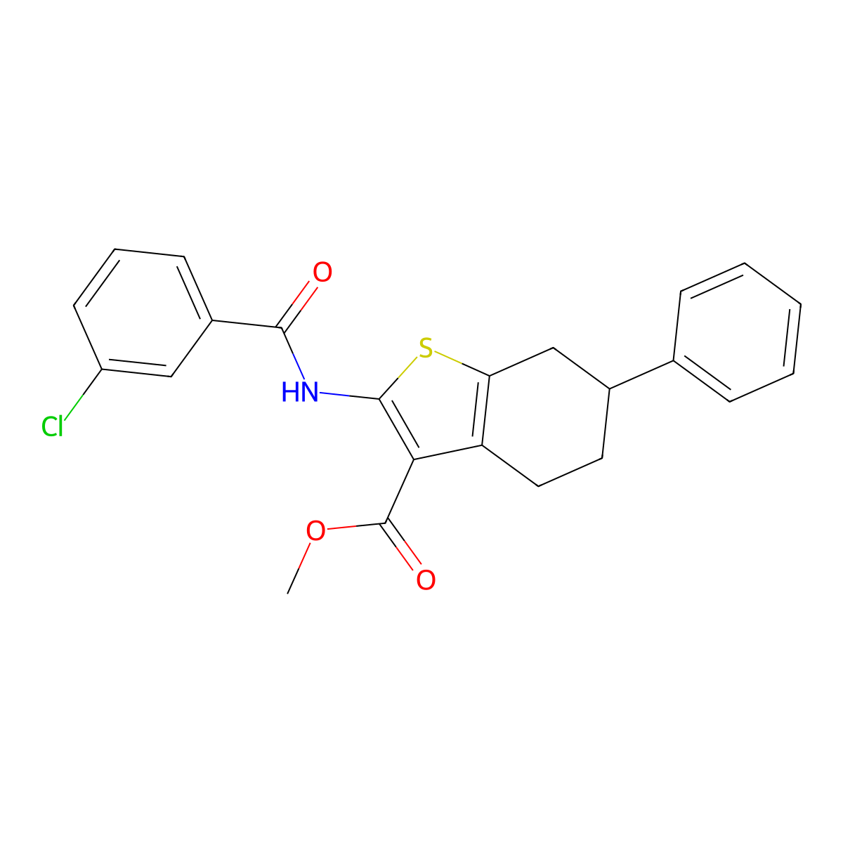 Methyl 2-[(3-chlorobenzoyl)amino]-6-phenyl-4,5,6,7-tetrahydro-1-benzothiophene-3-carboxylate molecular structure, CAS 445018-24-6