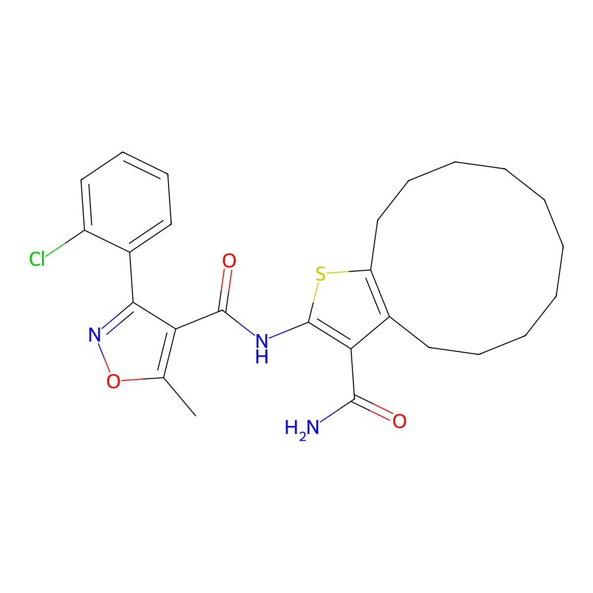N-(3-carbamoyl-4,5,6,7,8,9,10,11,12,13-decahydrocyclododeca[b]thiophen-2-yl)-3-(2-chlorophenyl)-5-methyl-1,2-oxazole-4-carboxamide molecular structure, CAS 445018-25-7