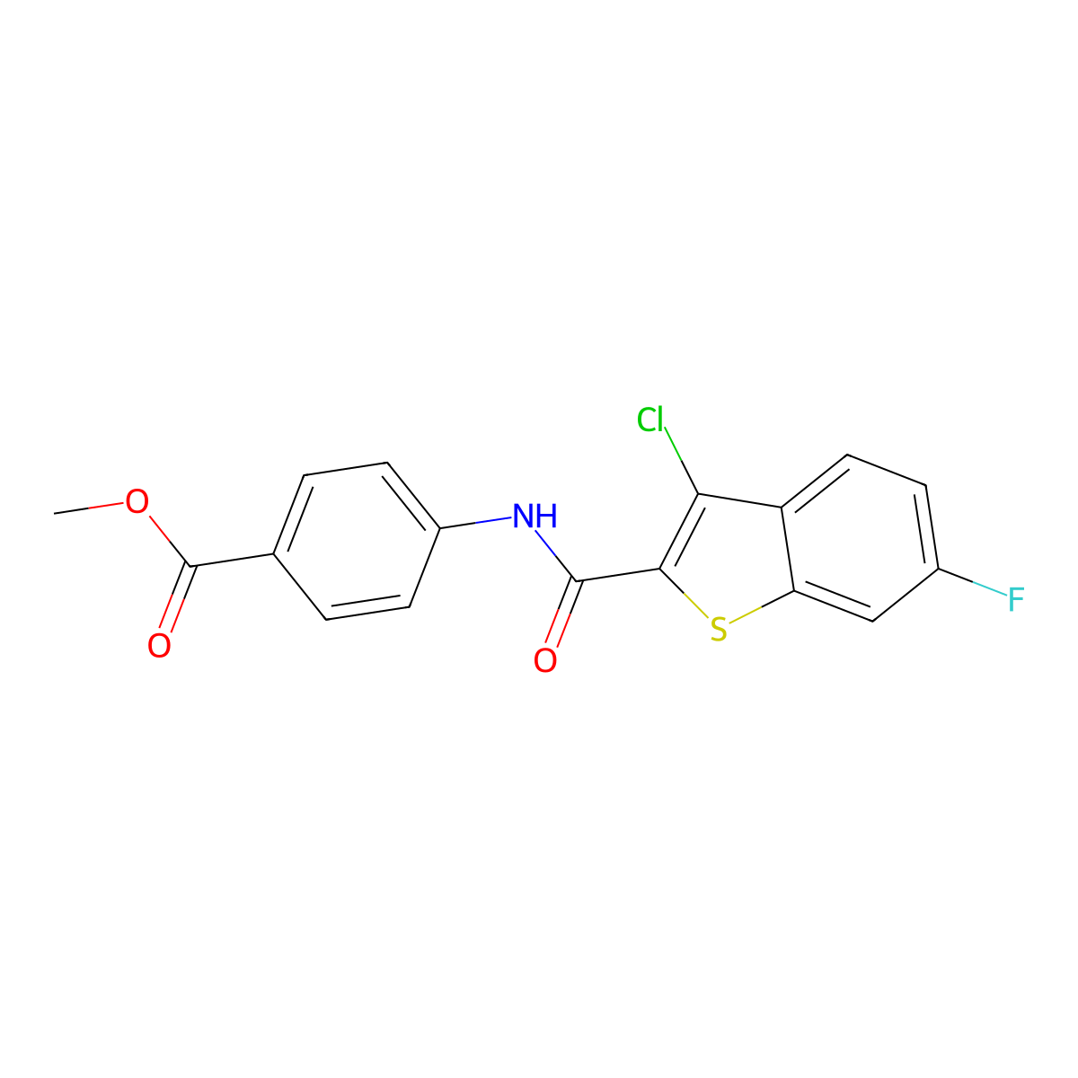 Methyl 4-{[(3-chloro-6-fluoro-1-benzothiophen-2-yl)carbonyl]amino}benzoate molecular structure, CAS 445020-64-4
