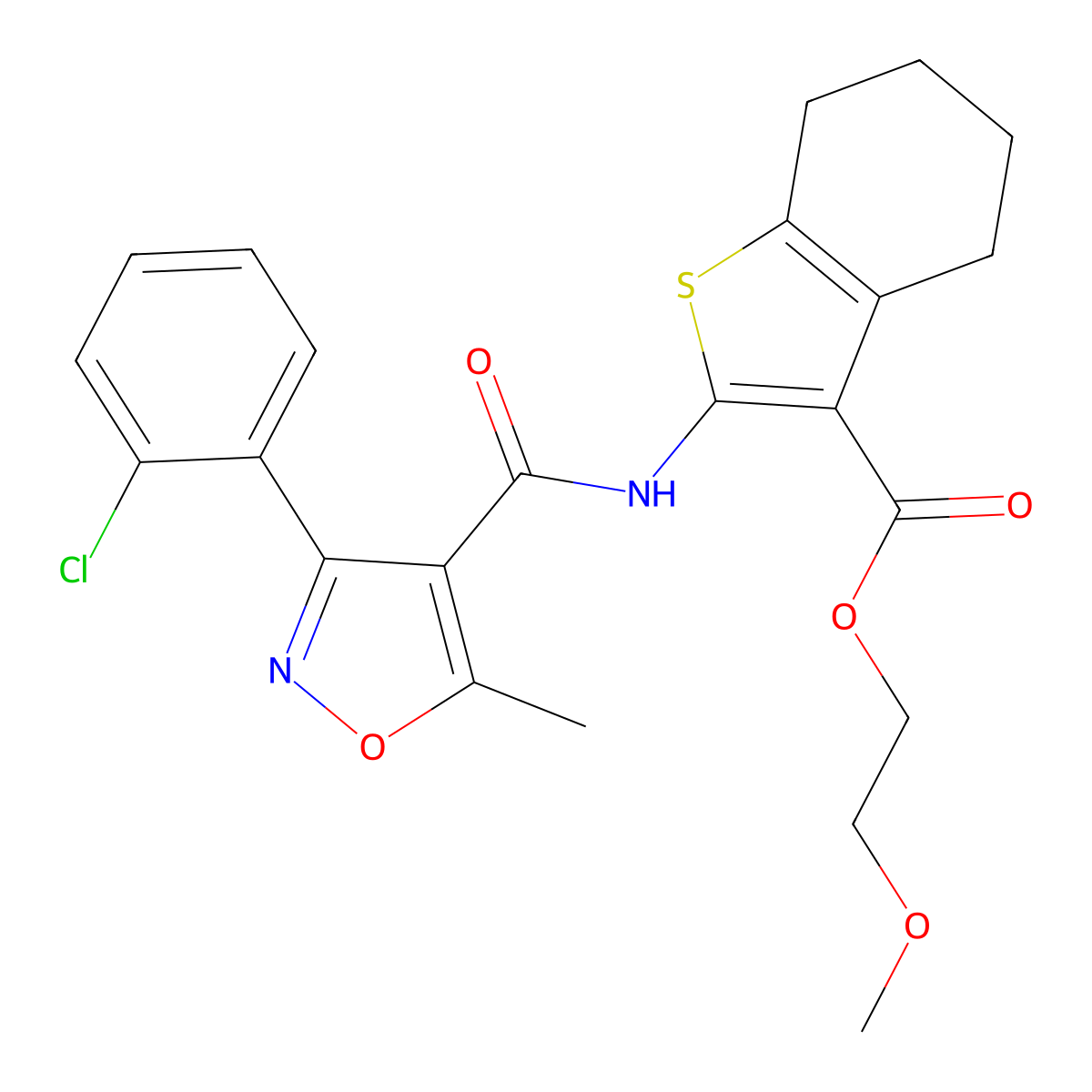 2-Methoxyethyl 2-[[3-(2-chlorophenyl)-5-methyl-1,2-oxazole-4-carbonyl]amino]-4,5,6,7-tetrahydro-1-benzothiophene-3-carboxylate molecular structure, CAS 445020-75-7