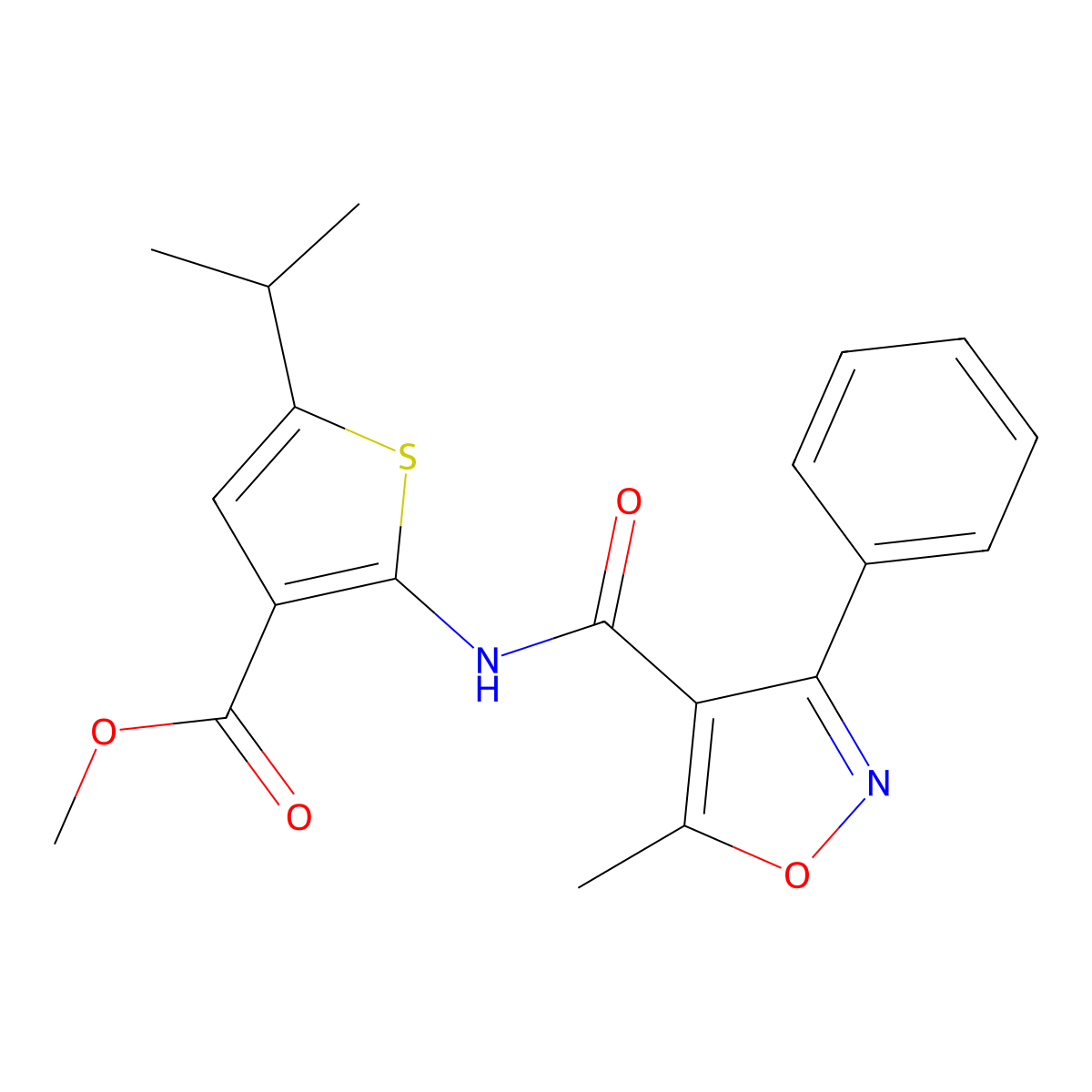 Methyl 5-isopropyl-2-{[(5-methyl-3-phenylisoxazol-4-yl)carbonyl]amino}thiophene-3-carboxylate molecular structure, CAS 445020-82-6