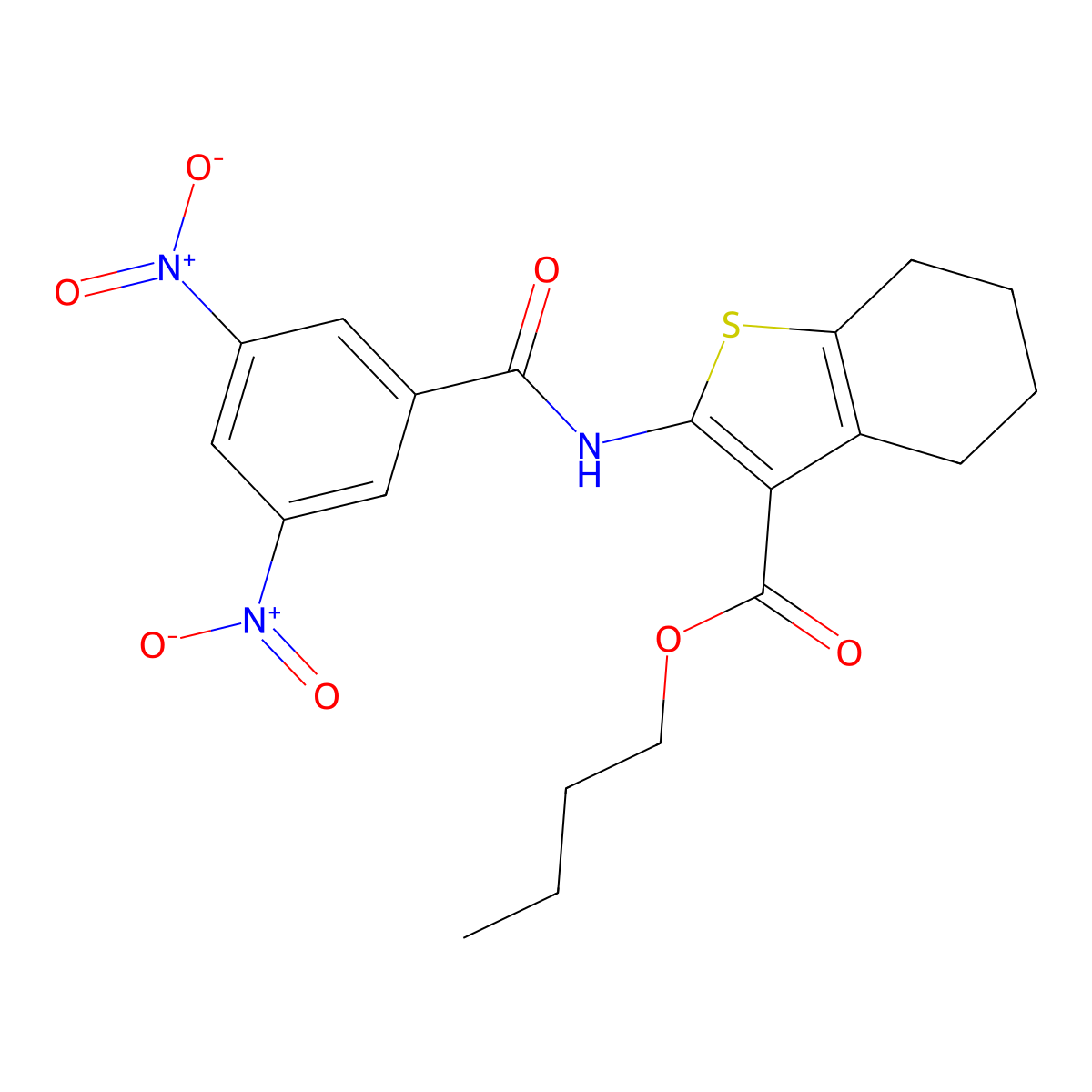 Butyl 2-({3,5-bisnitrobenzoyl}amino)-4,5,6,7-tetrahydro-1-benzothiophene-3-carboxylate molecular structure, CAS 445021-04-5