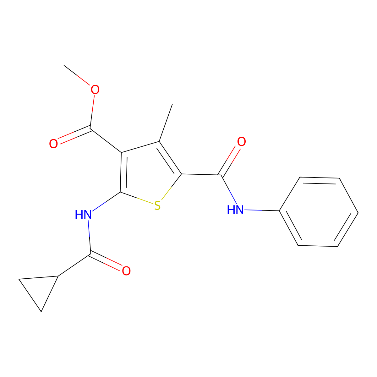 Methyl 2-(cyclopropanecarbonylamino)-4-methyl-5-(phenylcarbamoyl)thiophene-3-carboxylate molecular structure, CAS 445021-31-8