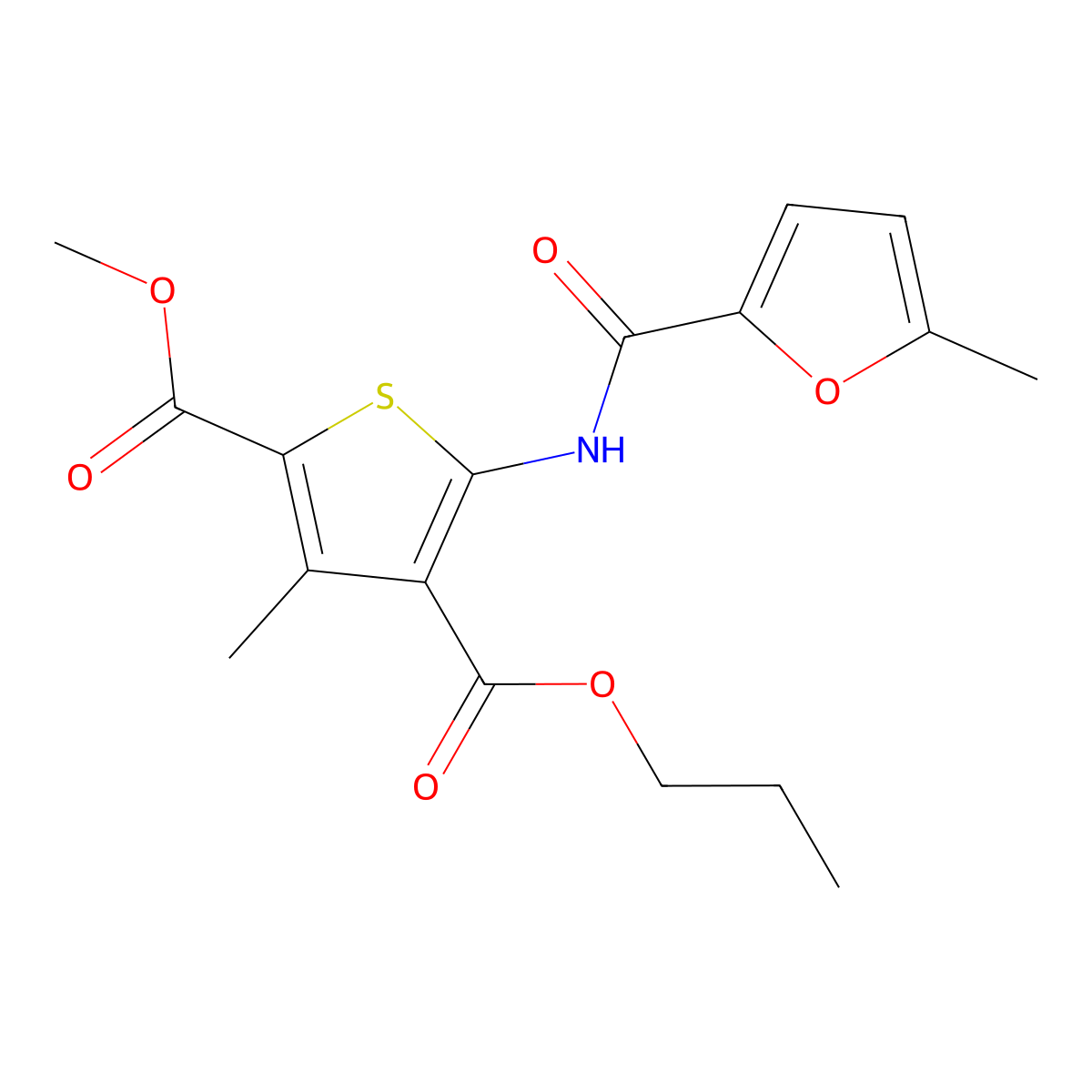 2-O-methyl 4-O-propyl 3-methyl-5-[(5-methylfuran-2-carbonyl)amino]thiophene-2,4-dicarboxylate molecular structure, CAS 445021-50-1