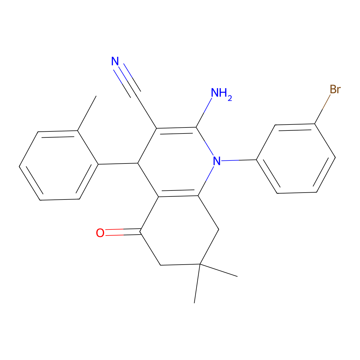 2-amino-1-(3-bromophenyl)-7,7-dimethyl-4-(2-methylphenyl)-5-oxo-6,8-dihydro-4H-quinoline-3-carbonitrile molecular structure, CAS 445021-57-8