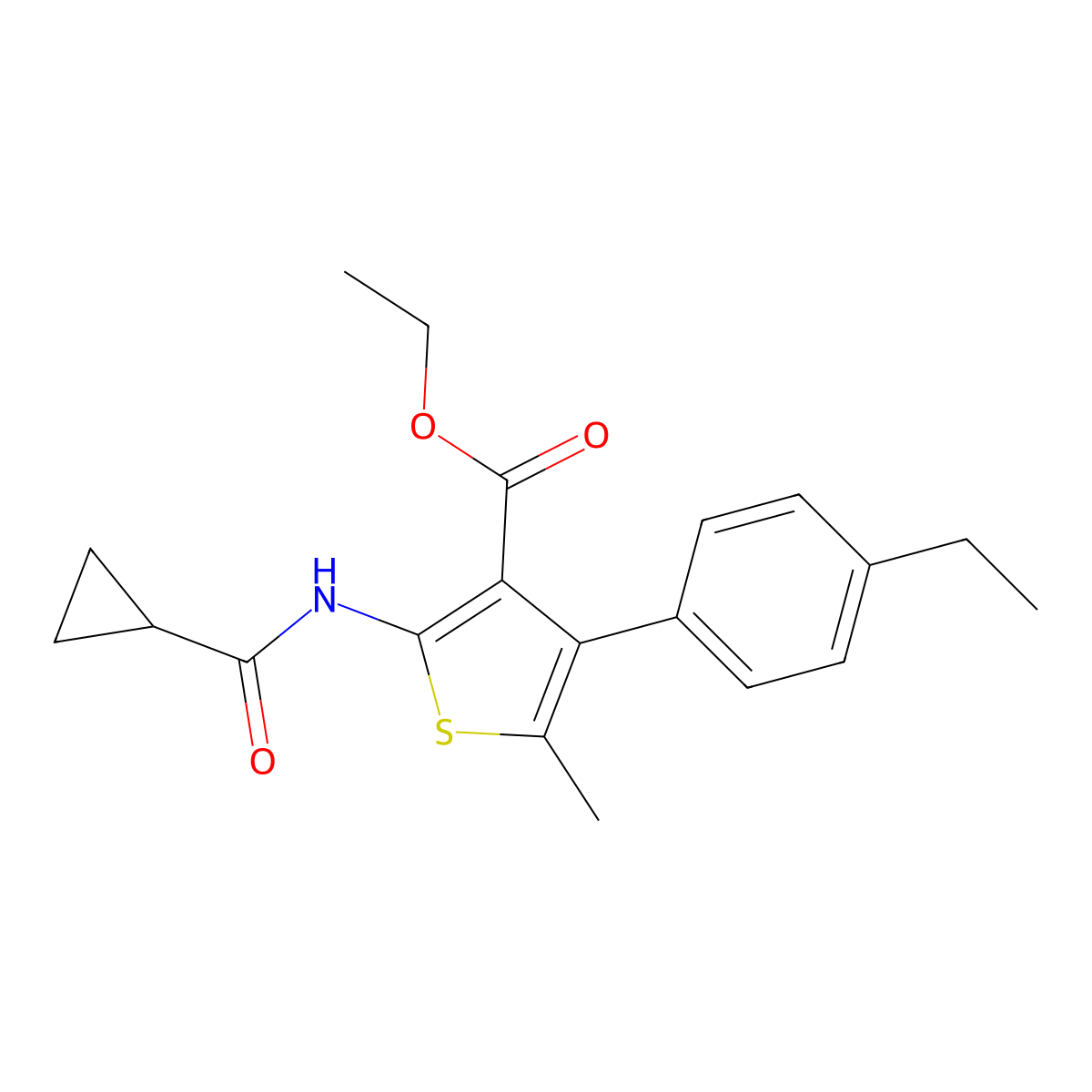 Ethyl 2-(cyclopropanecarbonylamino)-4-(4-ethylphenyl)-5-methylthiophene-3-carboxylate molecular structure, CAS 445021-86-3