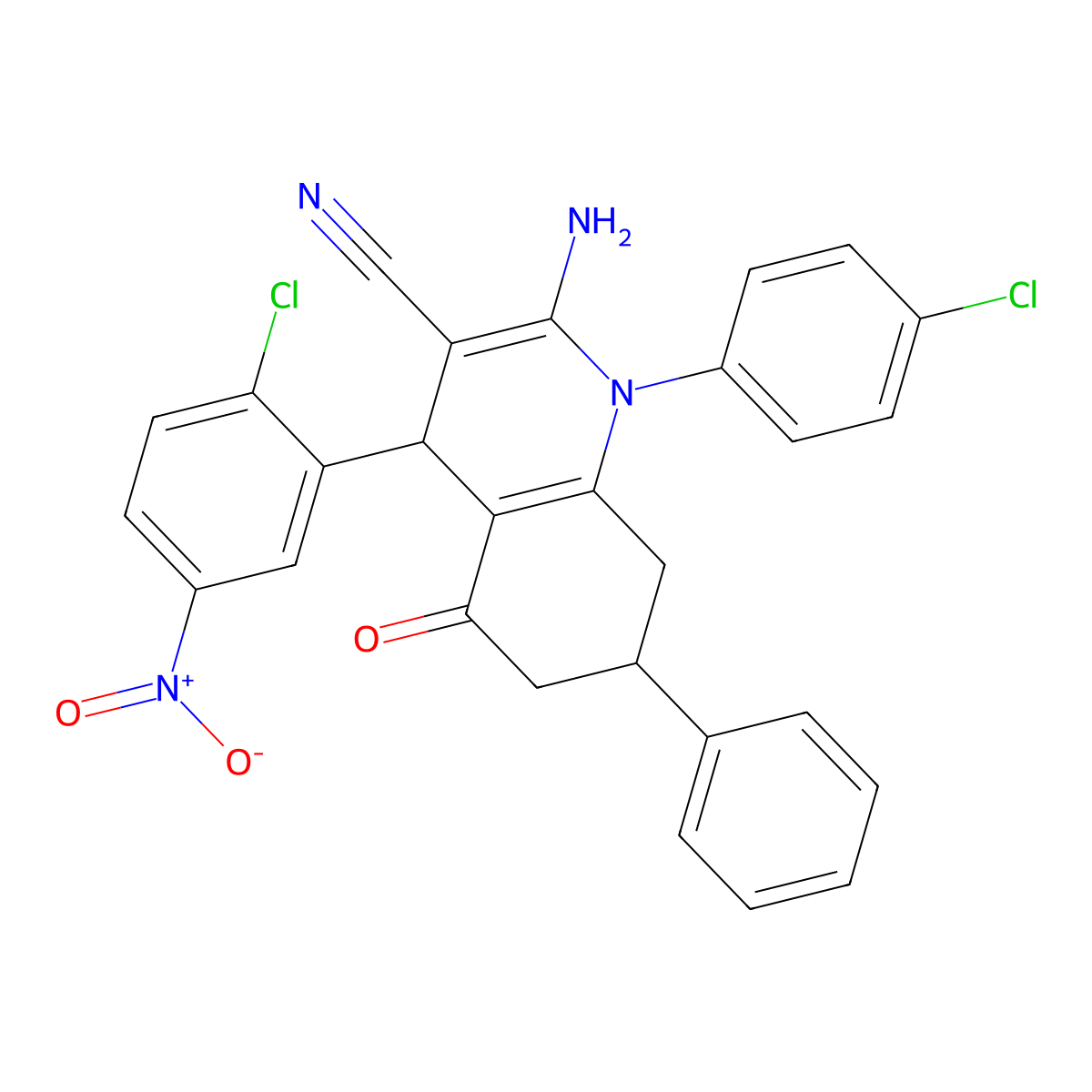 2-Amino-4-(2-chloro-5-nitrophenyl)-1-(4-chlorophenyl)-5-oxo-7-phenyl-4,6,7,8-tetrahydroquinoline-3-carbonitrile molecular structure, CAS 445021-89-6