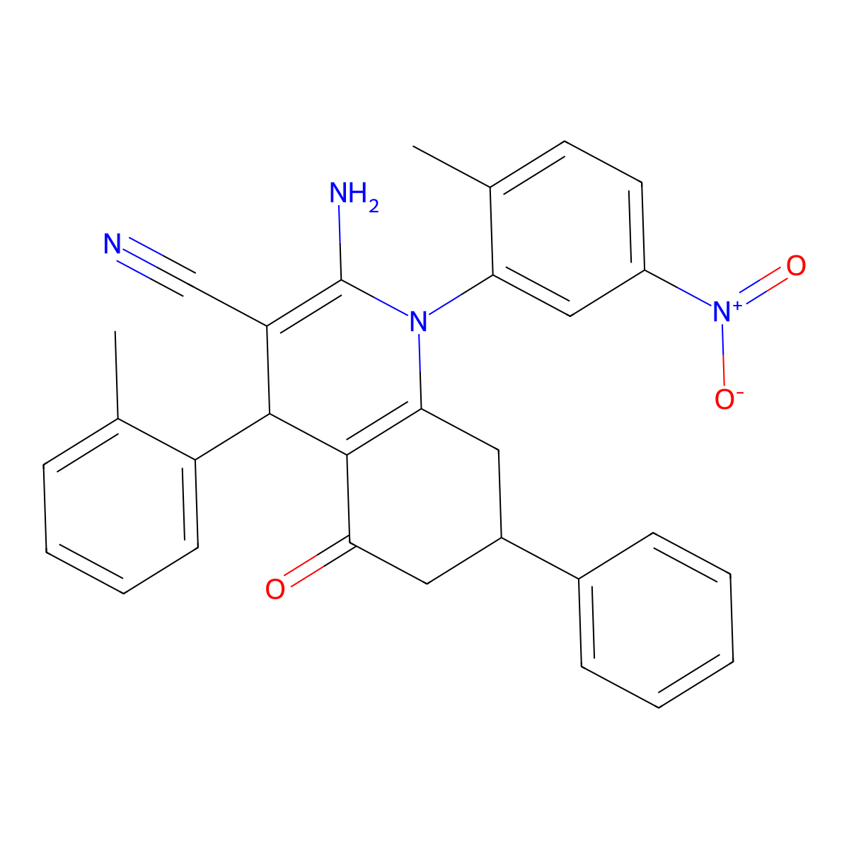 2-Amino-1-(2-methyl-5-nitrophenyl)-4-(2-methylphenyl)-5-oxo-7-phenyl-1,4,5,6,7,8-hexahydro-3-quinolinecarbonitrile molecular structure, CAS 445022-05-9