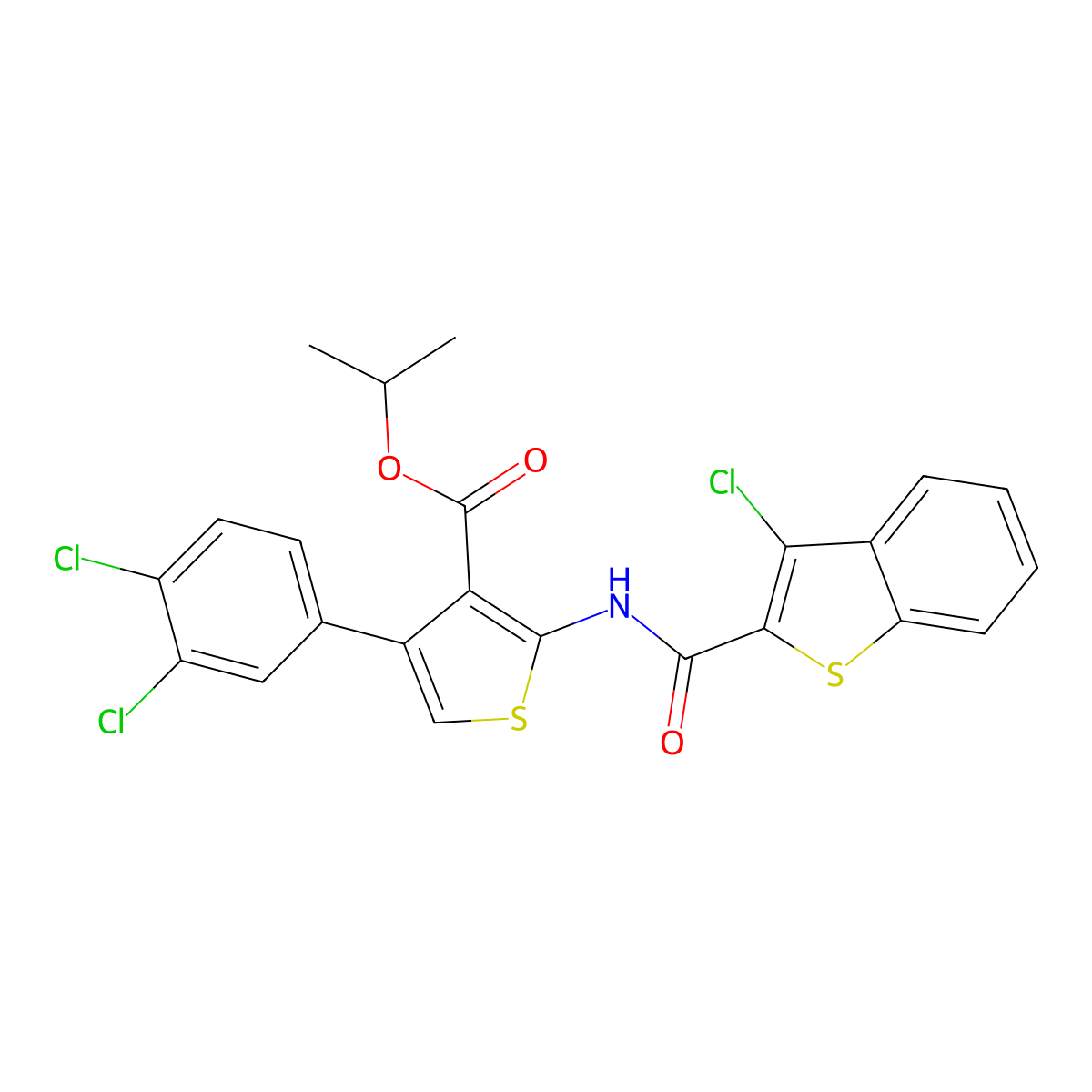 Isopropyl 2-{[(3-chloro-1-benzothien-2-yl)carbonyl]amino}-4-(3,4-dichlorophenyl)thiophene-3-carboxylate molecular structure, CAS 445022-19-5