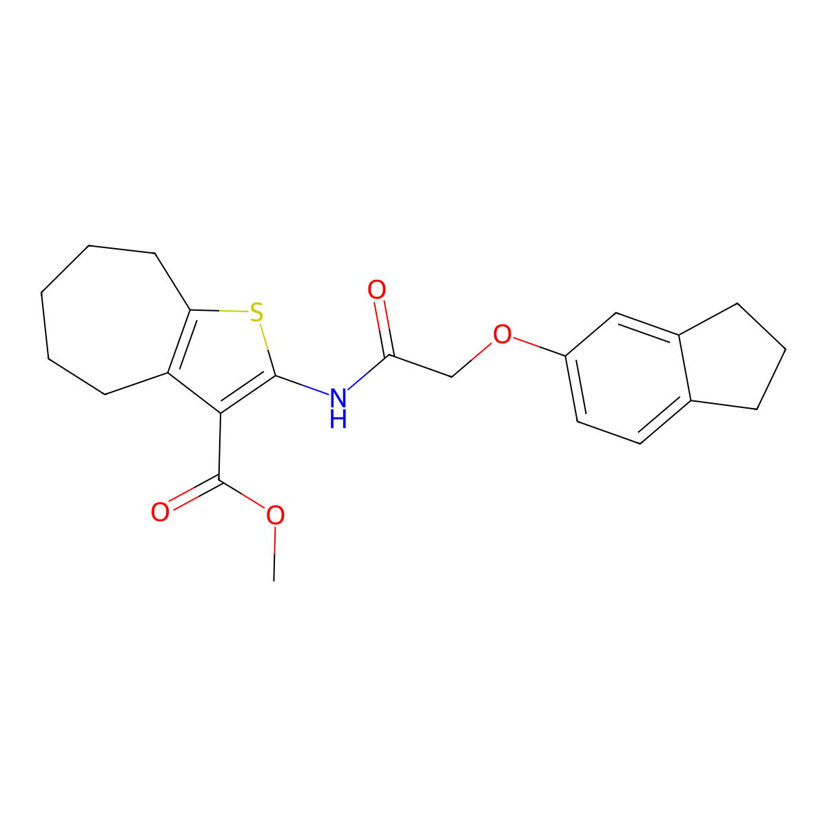 methyl 2-{[(2,3-dihydro-1H-inden-5-yloxy)acetyl]amino}-5,6,7,8-tetrahydro-4H-cyclohepta[b]thiophene-3-carboxylate molecular structure, CAS 445022-21-9