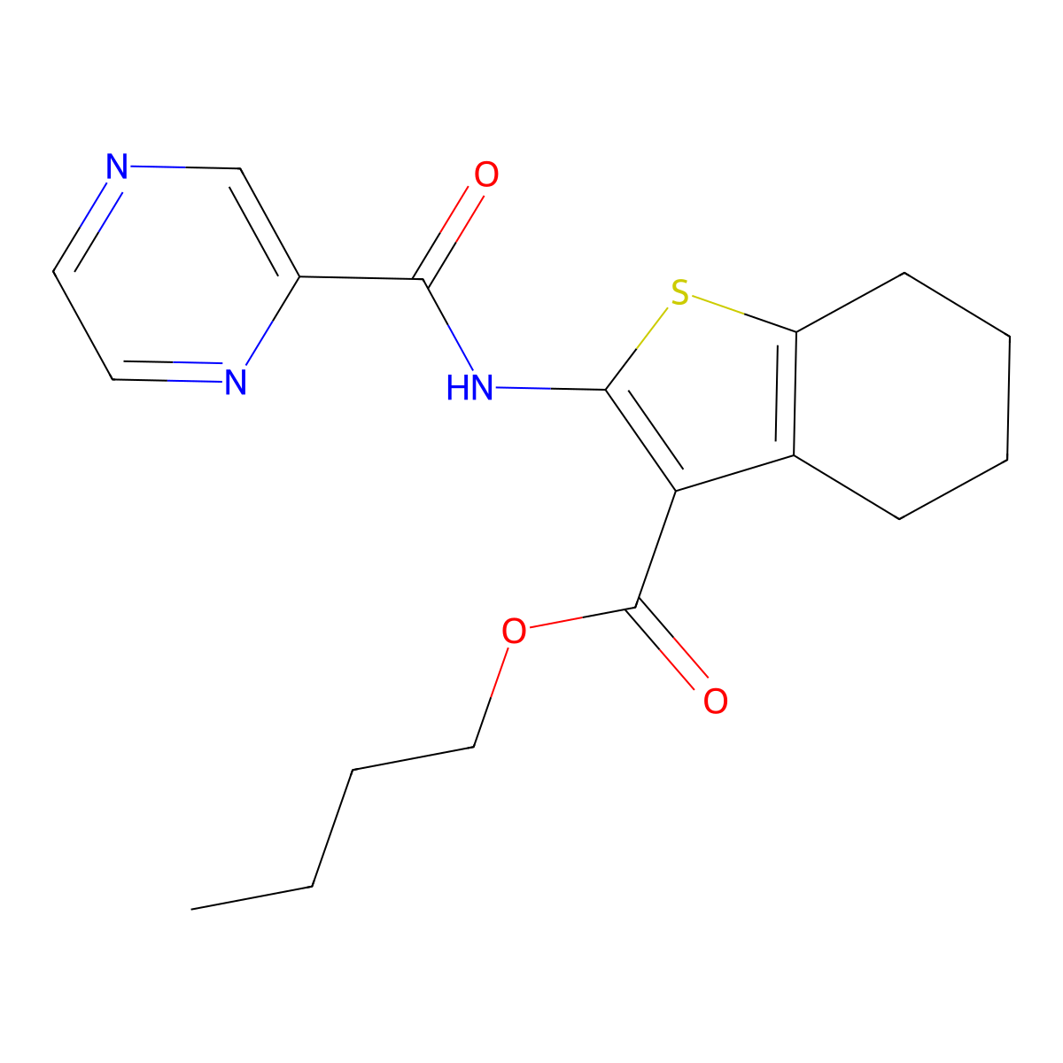 Butyl 2-(pyrazine-2-carbonylamino)-4,5,6,7-tetrahydro-1-benzothiophene-3-carboxylate molecular structure, CAS 445022-45-7