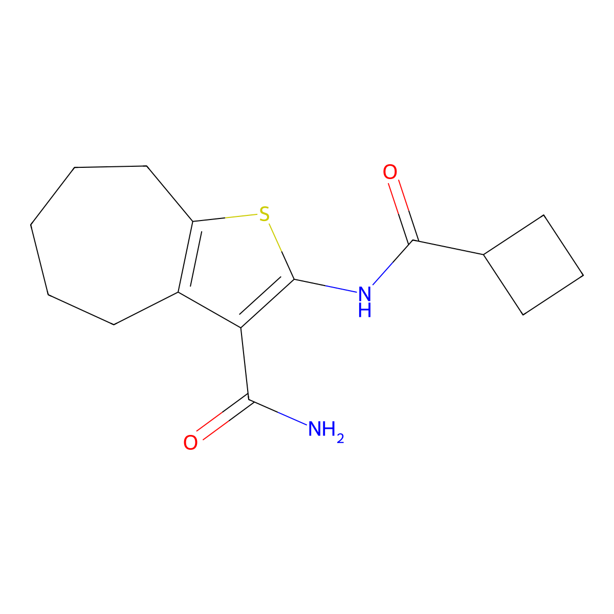 2-(cyclobutanecarbonylamino)-5,6,7,8-tetrahydro-4H-cyclohepta[b]thiophene-3-carboxamide molecular structure, CAS 445022-47-9