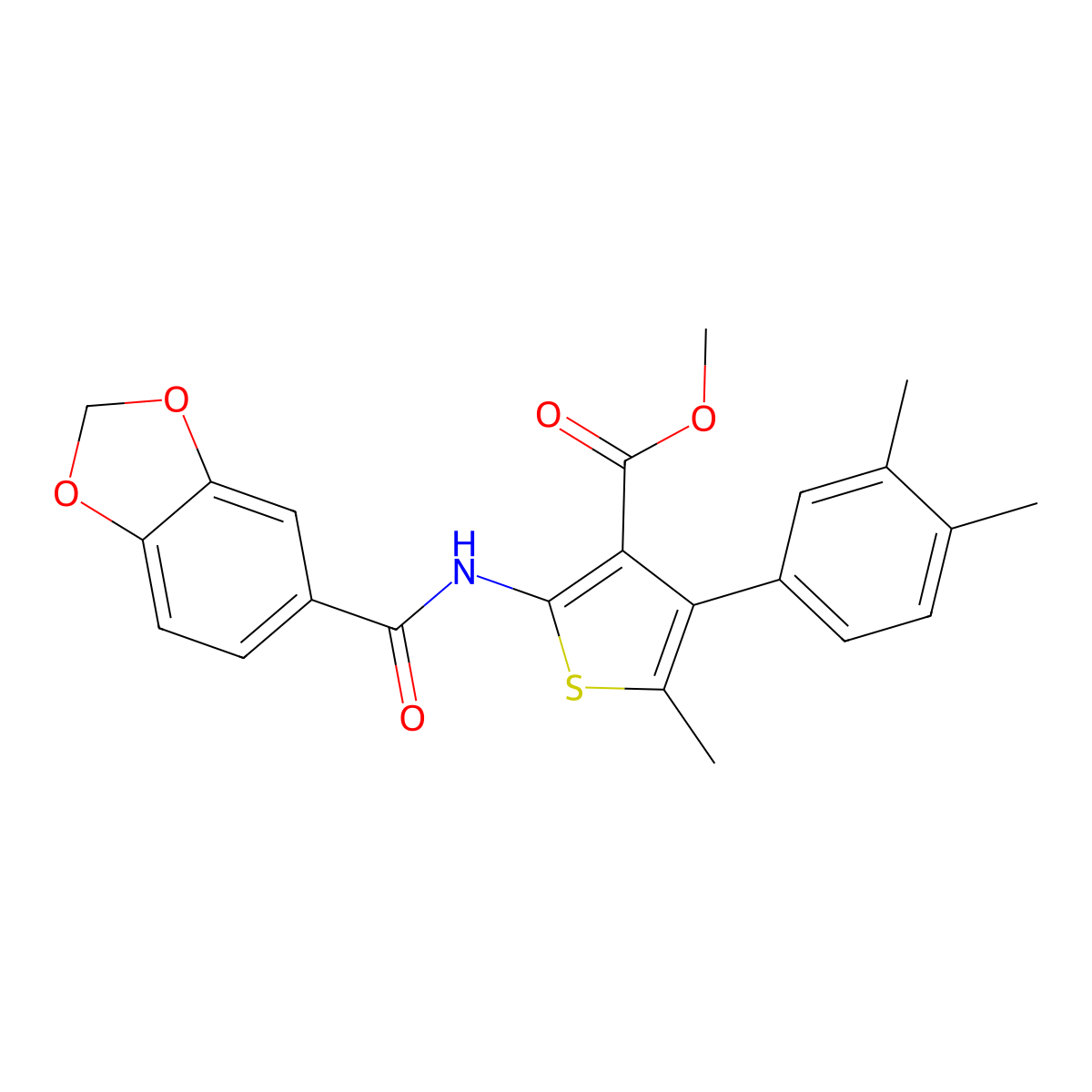 Methyl 2-(1,3-benzodioxole-5-carbonylamino)-4-(3,4-dimethylphenyl)-5-methylthiophene-3-carboxylate molecular structure, CAS 445022-54-8