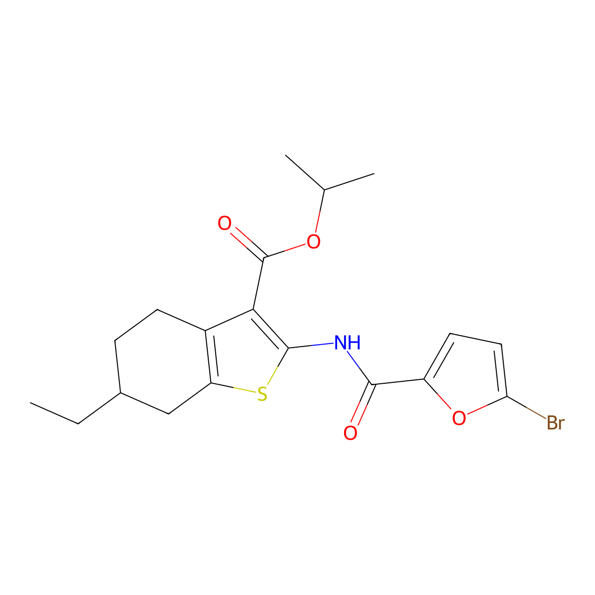Propan-2-yl 2-[(5-bromofuran-2-carbonyl)amino]-6-ethyl-4,5,6,7-tetrahydro-1-benzothiophene-3-carboxylate molecular structure, CAS 445023-03-0
