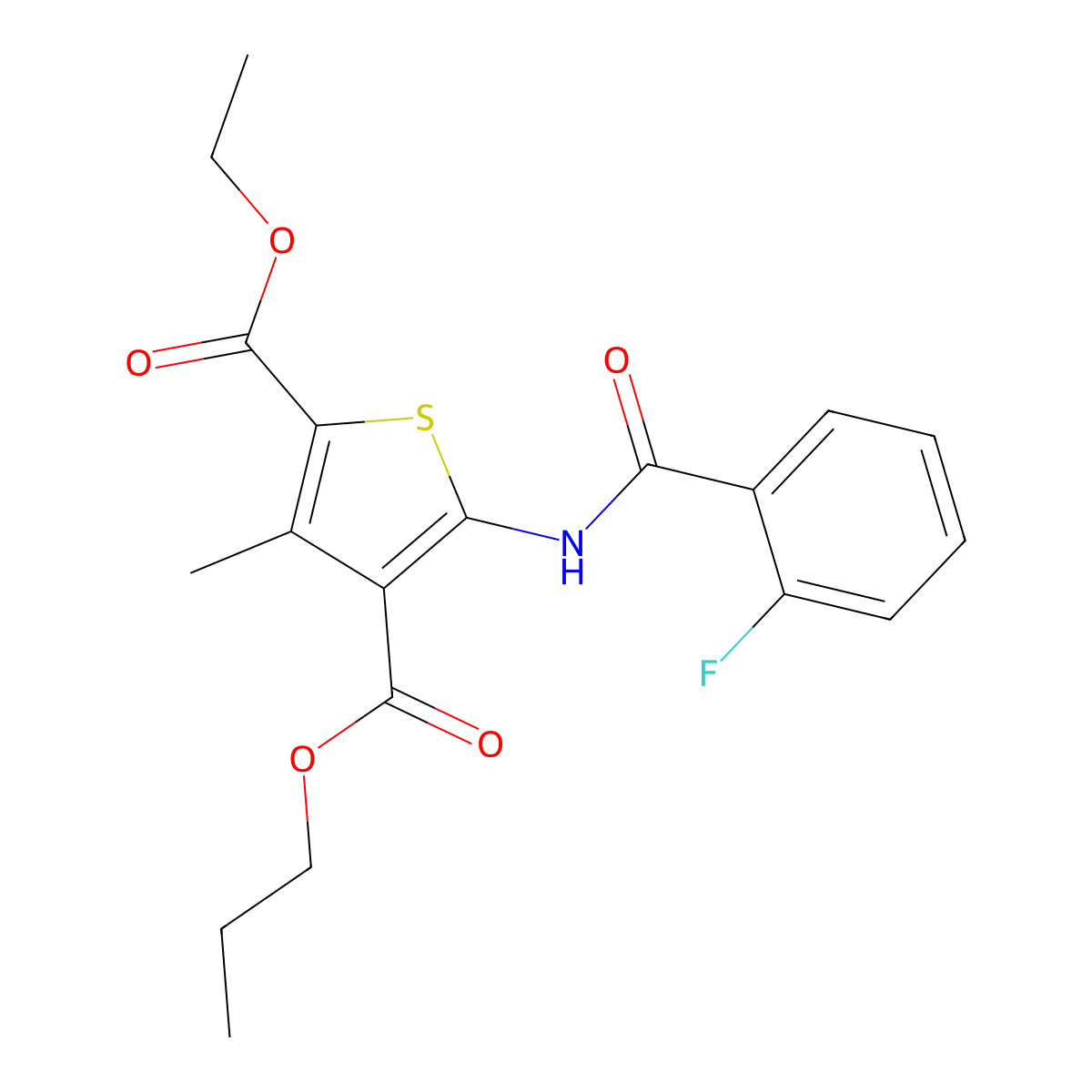 2-Ethyl 4-propyl 5-[(2-fluorobenzoyl)amino]-3-methyl-2,4-thiophenedicarboxylate molecular structure, CAS 445023-32-5