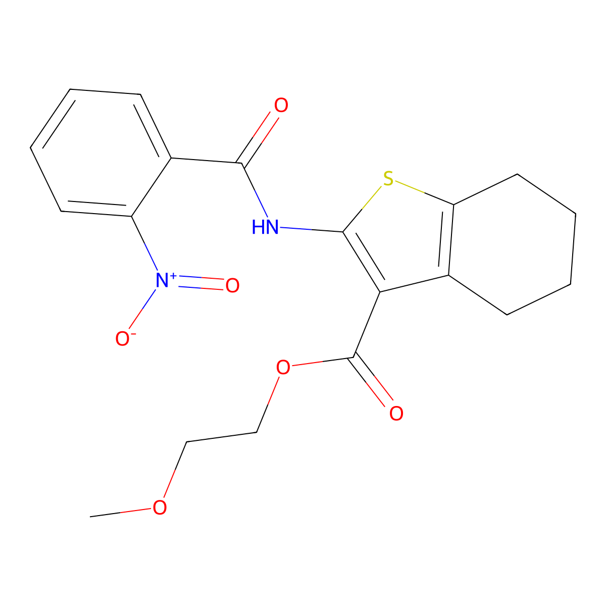 2-Methoxyethyl 2-[(2-nitrobenzoyl)amino]-4,5,6,7-tetrahydro-1-benzothiophene-3-carboxylate molecular structure, CAS 445023-39-2