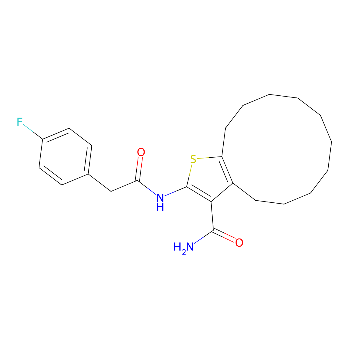 2-{[(4-Fluorophenyl)acetyl]amino}-4,5,6,7,8,9,10,11,12,13-decahydrocyclododeca[b]thiophene-3-carboxamide molecular structure, CAS 445023-42-7