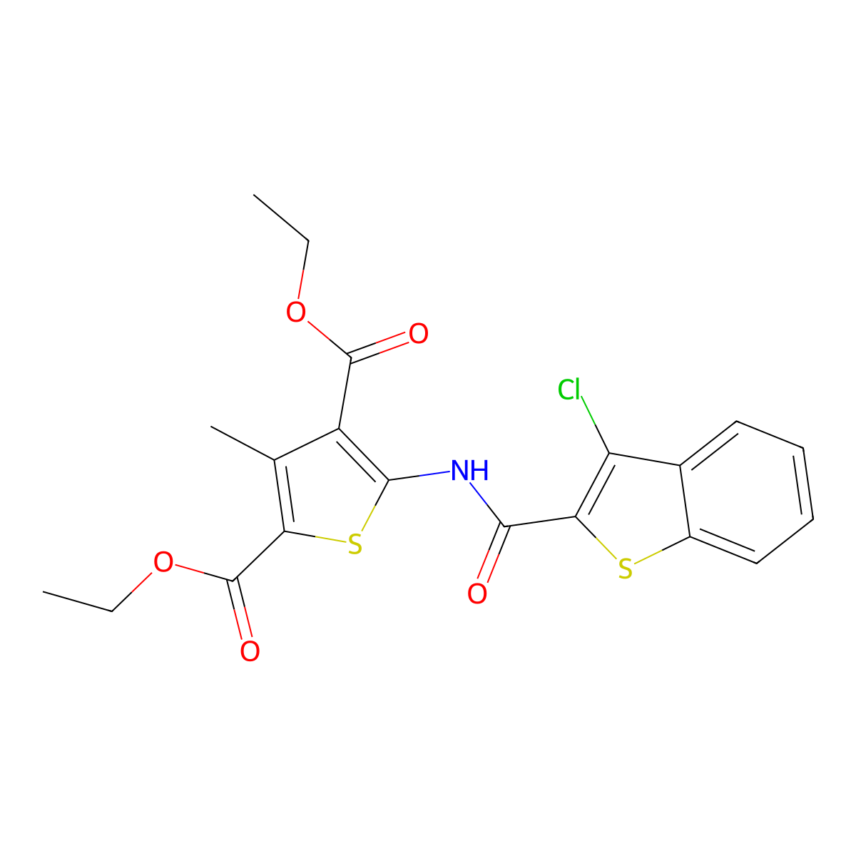 Diethyl 5-[(3-chloro-1-benzothiophene-2-carbonyl)amino]-3-methylthiophene-2,4-dicarboxylate molecular structure, CAS 445024-07-7