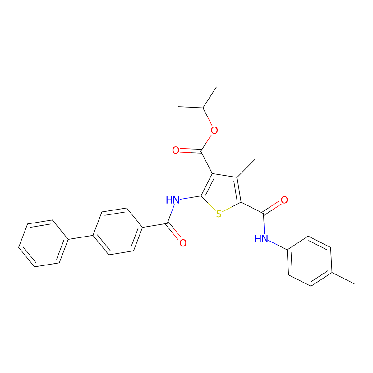 Propan-2-yl 2-[(biphenyl-4-ylcarbonyl)amino]-4-methyl-5-[(4-methylphenyl)carbamoyl]thiophene-3-carboxylate molecular structure, CAS 445024-20-4