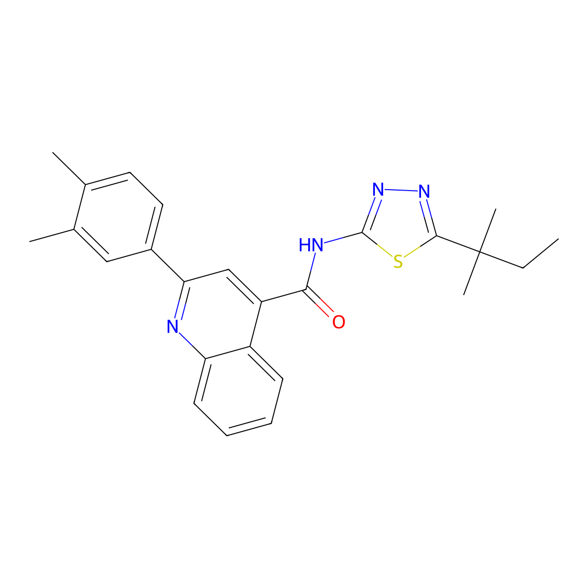 2-(3,4-dimethylphenyl)-N-[5-(2-methylbutan-2-yl)-1,3,4-thiadiazol-2-yl]quinoline-4-carboxamide molecular structure, CAS 445024-66-8