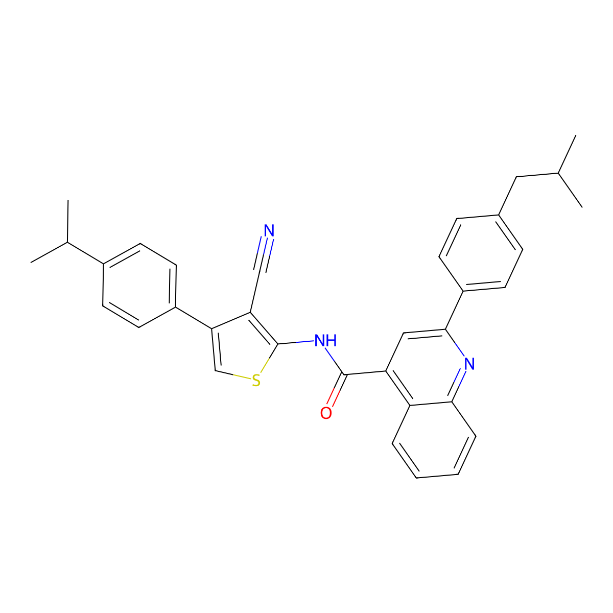 N-[3-cyano-4-(4-propan-2-ylphenyl)thiophen-2-yl]-2-[4-(2-methylpropyl)phenyl]quinoline-4-carboxamide molecular structure, CAS 445024-72-6