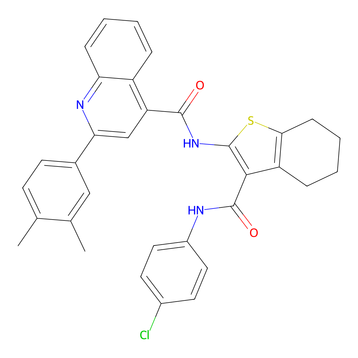 N-[3-[(4-chlorophenyl)carbamoyl]-4,5,6,7-tetrahydro-1-benzothiophen-2-yl]-2-(3,4-dimethylphenyl)quinoline-4-carboxamide molecular structure, CAS 445024-83-9