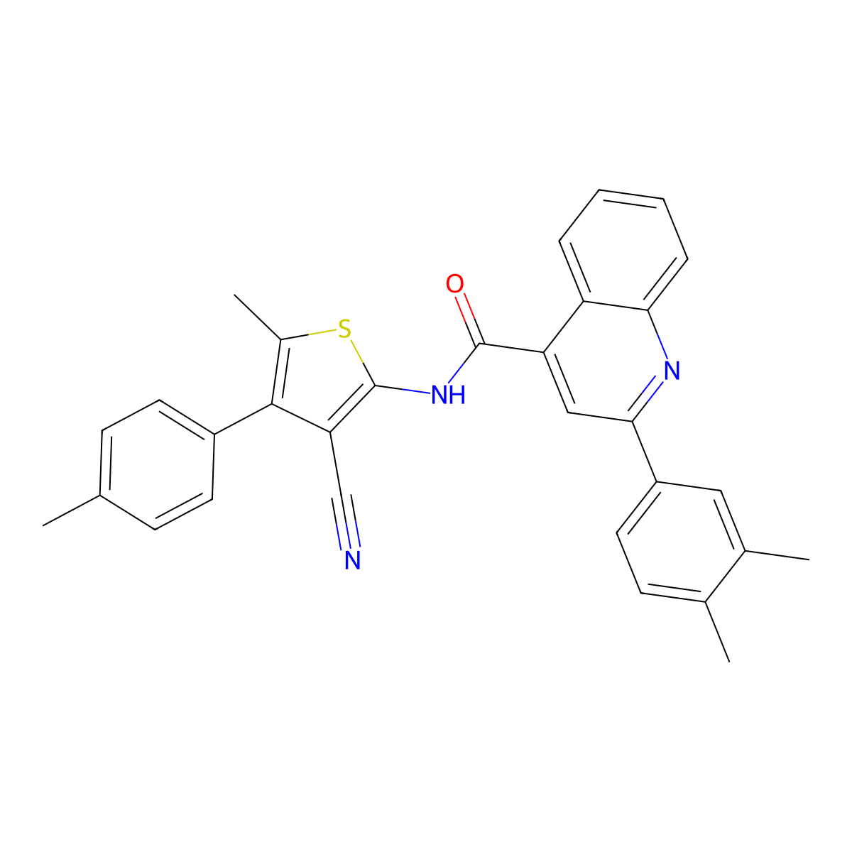N-[3-cyano-5-methyl-4-(4-methylphenyl)thiophen-2-yl]-2-(3,4-dimethylphenyl)quinoline-4-carboxamide molecular structure, CAS 445024-87-3