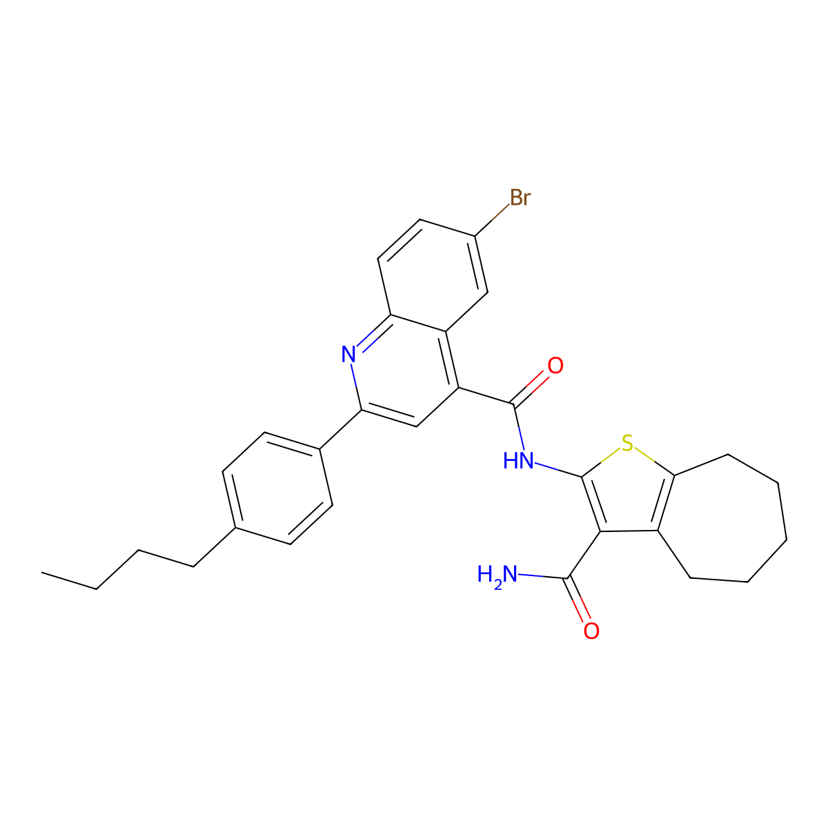 6-bromo-2-(4-butylphenyl)-N-(3-carbamoyl-5,6,7,8-tetrahydro-4H-cyclohepta[b]thiophen-2-yl)quinoline-4-carboxamide molecular structure, CAS 445024-93-1