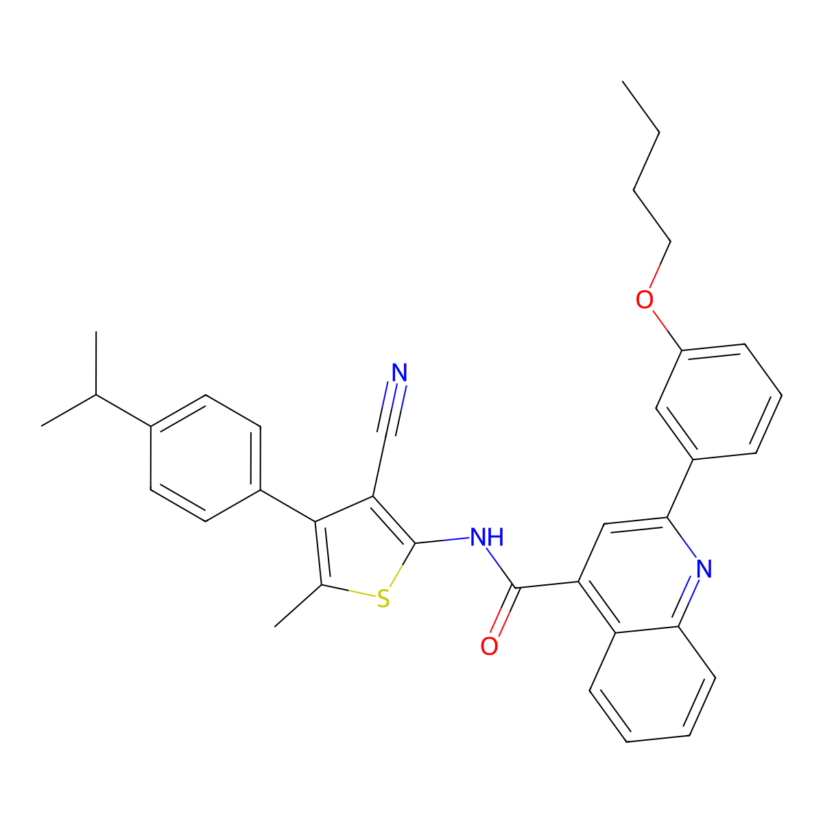 2-(3-butoxyphenyl)-N-[3-cyano-5-methyl-4-(4-propan-2-ylphenyl)thiophen-2-yl]quinoline-4-carboxamide molecular structure, CAS 445025-00-3