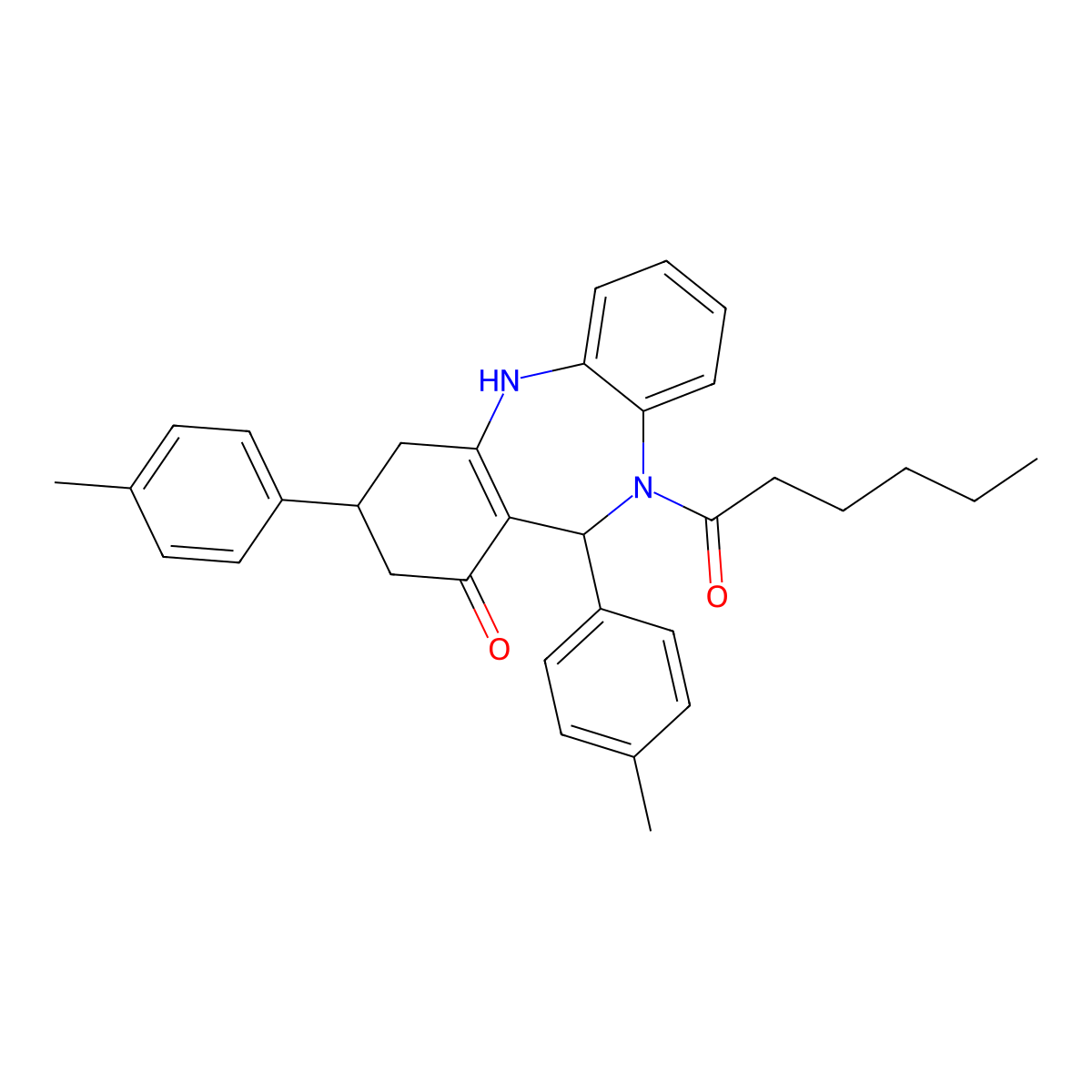 5-hexanoyl-6,9-bis(4-methylphenyl)-8,9,10,11-tetrahydro-6H-benzo[b][1,4]benzodiazepin-7-one molecular structure, CAS 445025-17-2