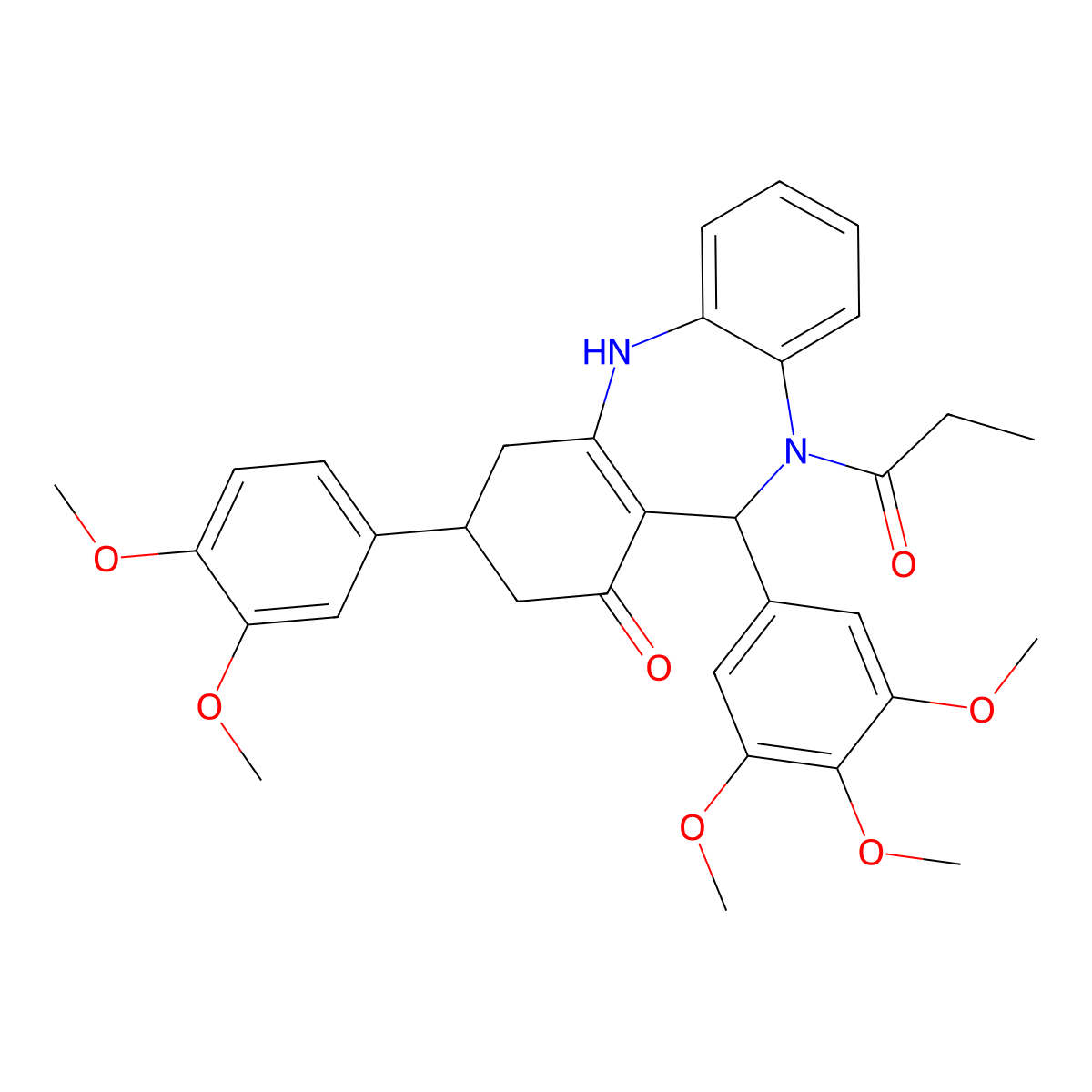 9-(3,4-dimethoxyphenyl)-5-propanoyl-6-(3,4,5-trimethoxyphenyl)-8,9,10,11-tetrahydro-6H-benzo[b][1,4]benzodiazepin-7-one molecular structure, CAS 445025-21-8