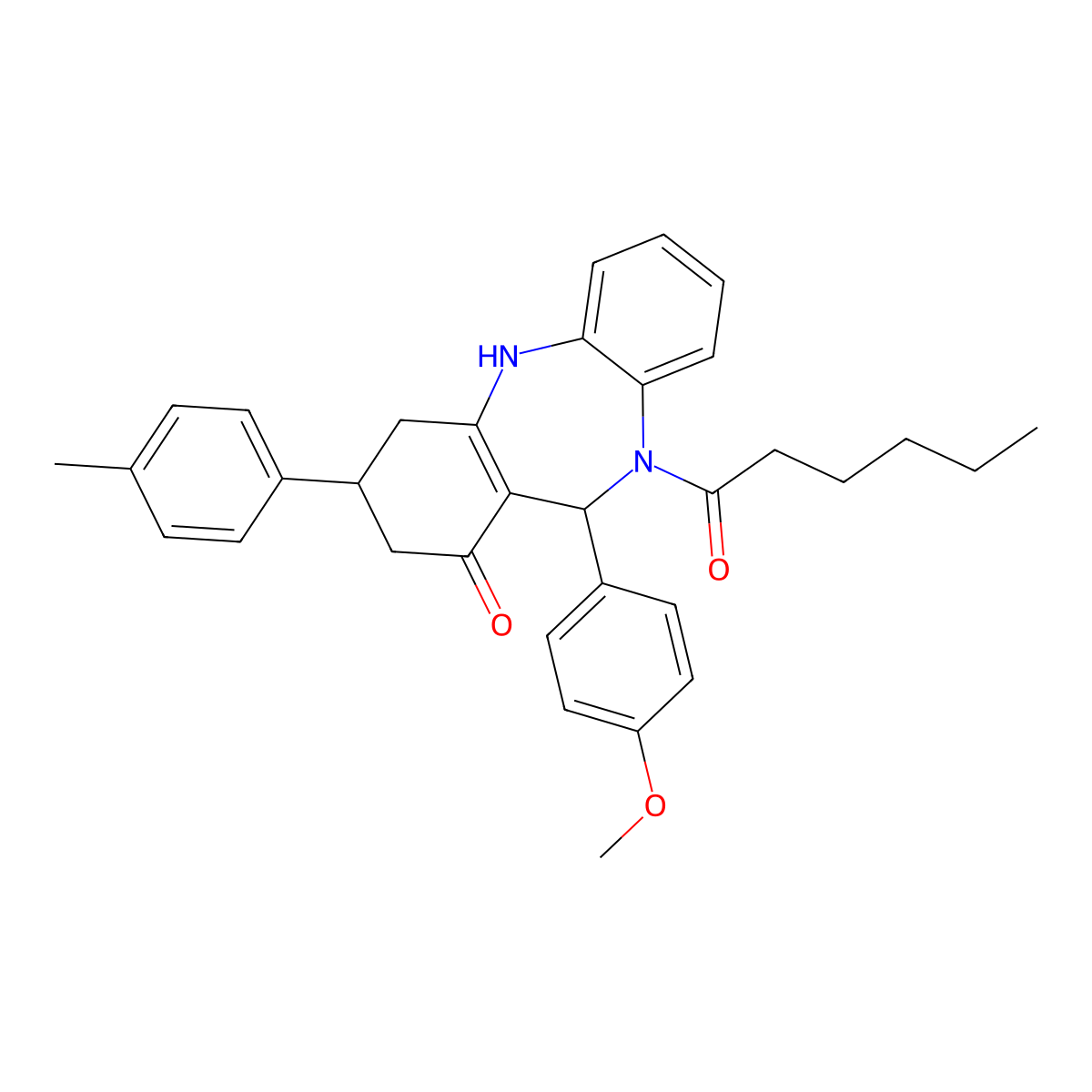 5-hexanoyl-6-(4-methoxyphenyl)-9-(4-methylphenyl)-8,9,10,11-tetrahydro-6H-benzo[b][1,4]benzodiazepin-7-one molecular structure, CAS 445025-24-1