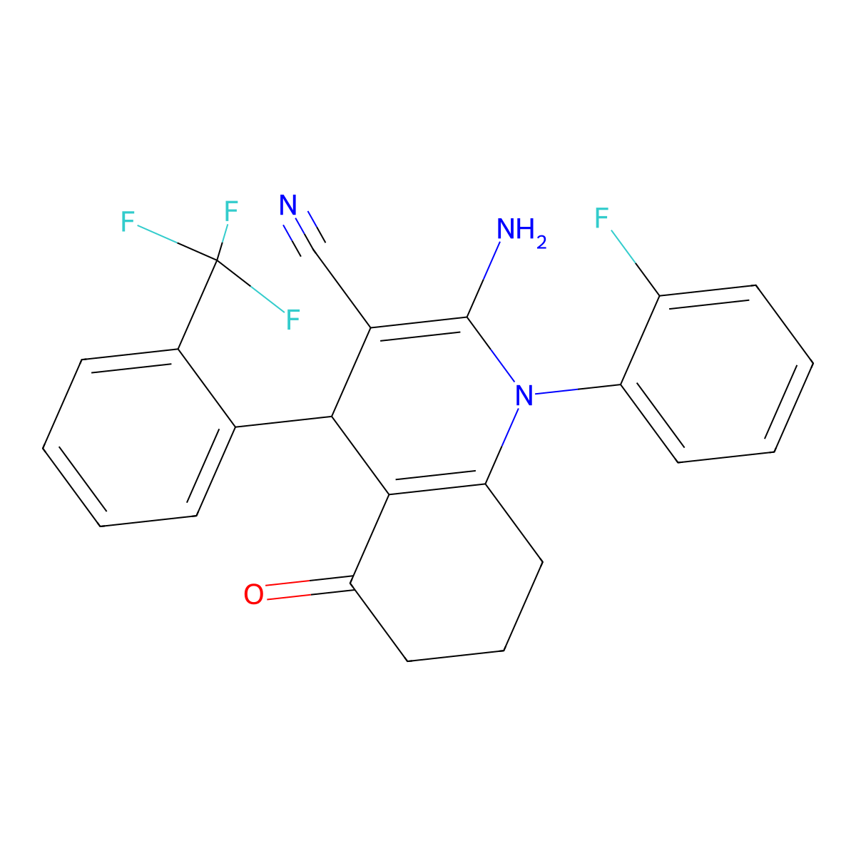 2-Amino-1-(2-fluorophenyl)-5-oxo-4-[2-(trifluoromethyl)phenyl]-1,4,5,6,7,8-hexahydro-3-quinolinecarbonitrile molecular structure, CAS 445025-61-6