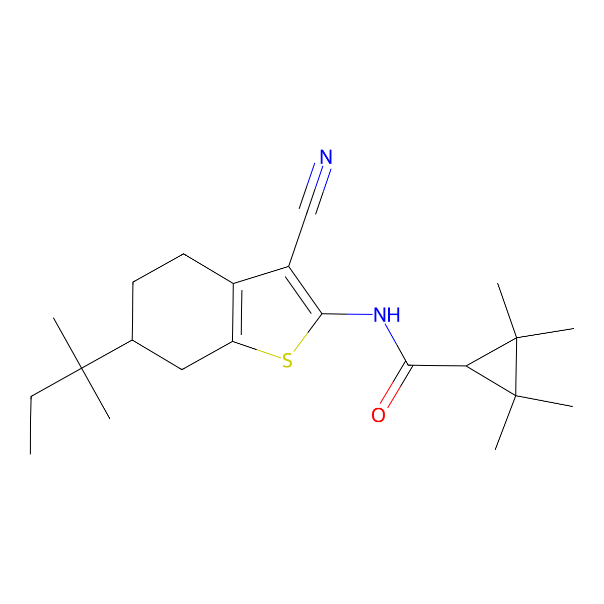 N-[3-cyano-6-(2-methylbutan-2-yl)-4,5,6,7-tetrahydro-1-benzothiophen-2-yl]-2,2,3,3-tetramethylcyclopropane-1-carboxamide molecular structure, CAS 445025-70-7