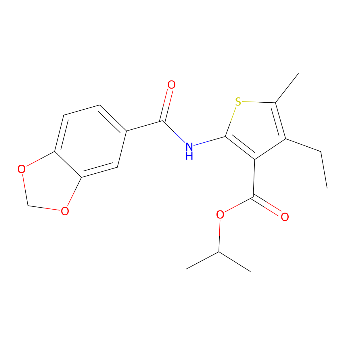 Propan-2-yl 2-(1,3-benzodioxole-5-carbonylamino)-4-ethyl-5-methylthiophene-3-carboxylate molecular structure, CAS 445025-72-9