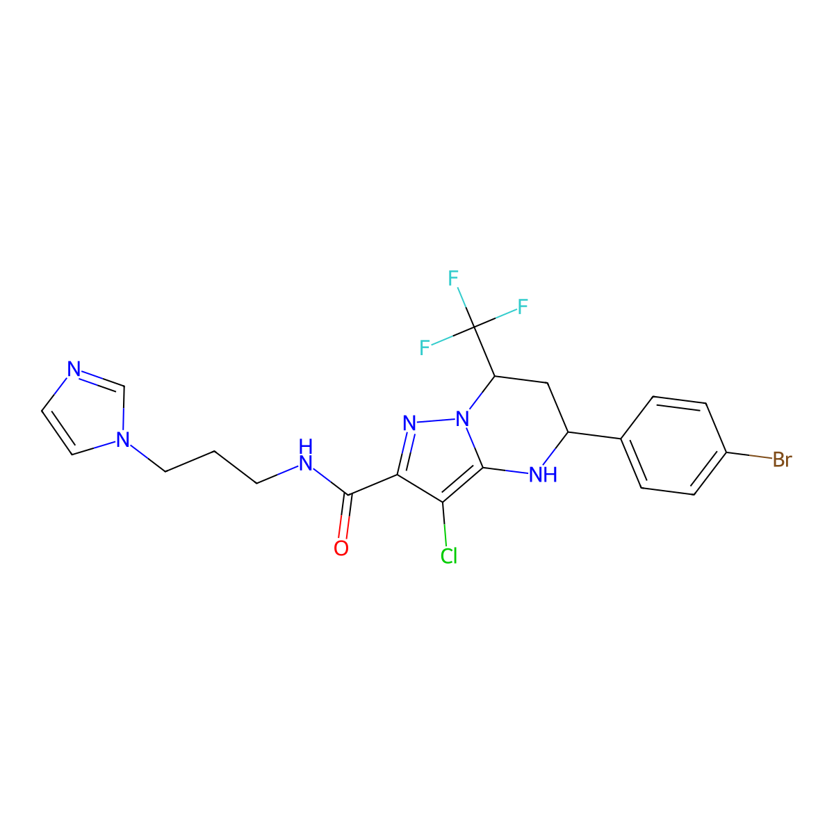 5-(4-bromophenyl)-3-chloro-N-[3-(1H-imidazol-1-yl)propyl]-7-(trifluoromethyl)-4,5,6,7-tetrahydropyrazolo[1,5-a]pyrimidine-2-carboxamide molecular structure, CAS 445027-90-7