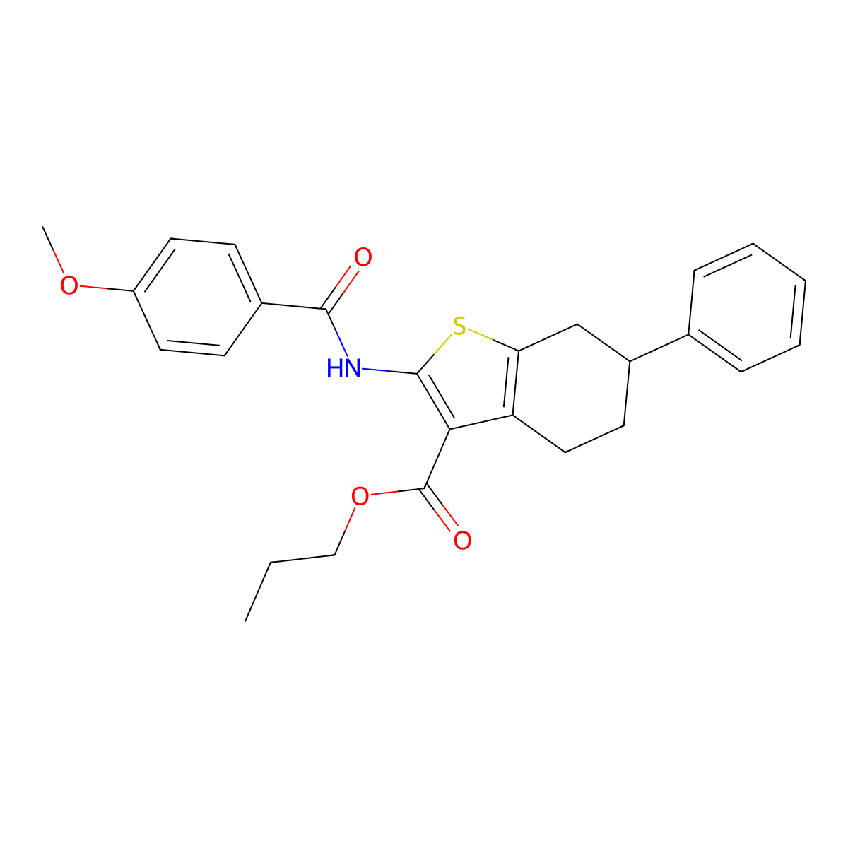 Propyl 2-[(4-methoxybenzoyl)amino]-6-phenyl-4,5,6,7-tetrahydro-1-benzothiophene-3-carboxylate molecular structure, CAS 445028-29-5